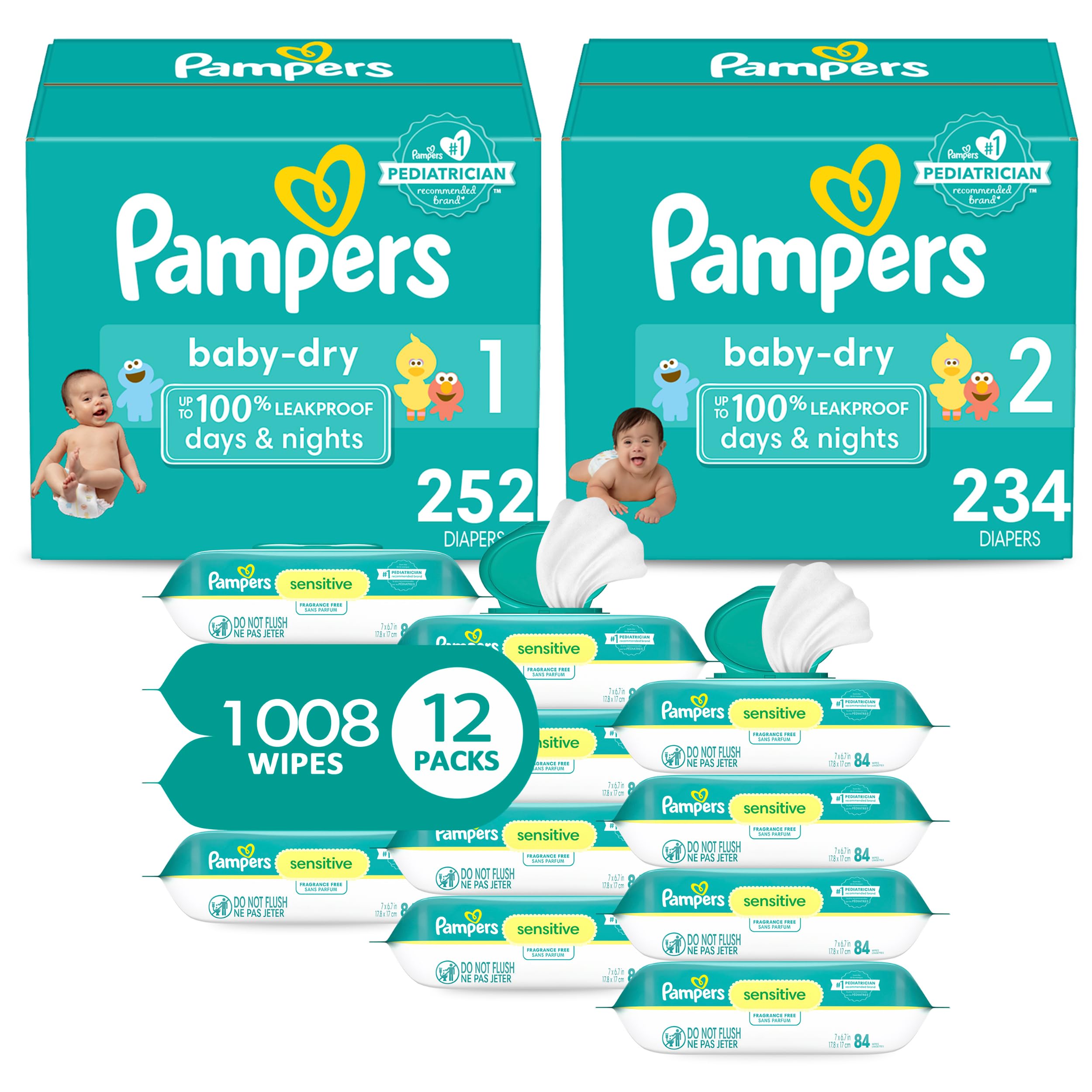 Pampers Baby Dry Disposable Diapers - Size 1 (252 Count) & Size 2 (234 Count) Starter Kit with Sensitive Water-Based Wipes (1008 Count) - 2 Month Supply for Newborns & Infants - Gentle Protection for Day & Night Use