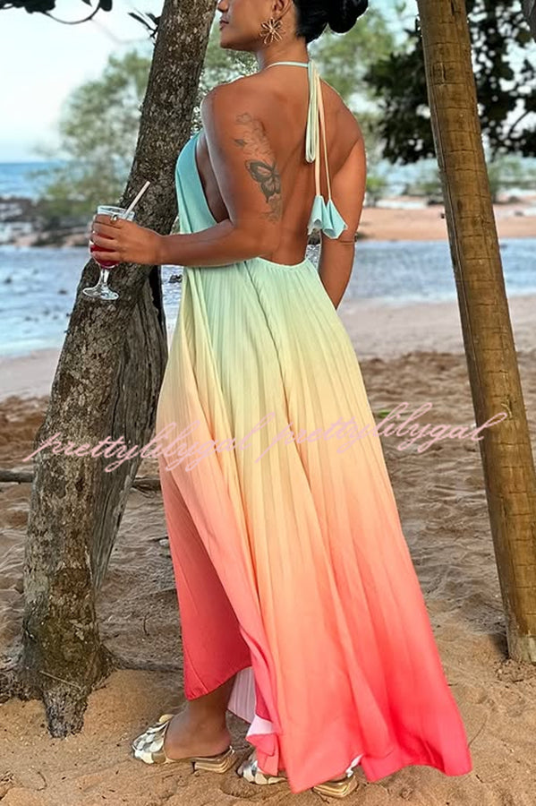 Gradient Print Pleated Halter Backless A-Line Maxi Dress for Women | Elegant Beach Wedding Party Gown | Perfect for Summer Vacations, Date Nights & Formal Events