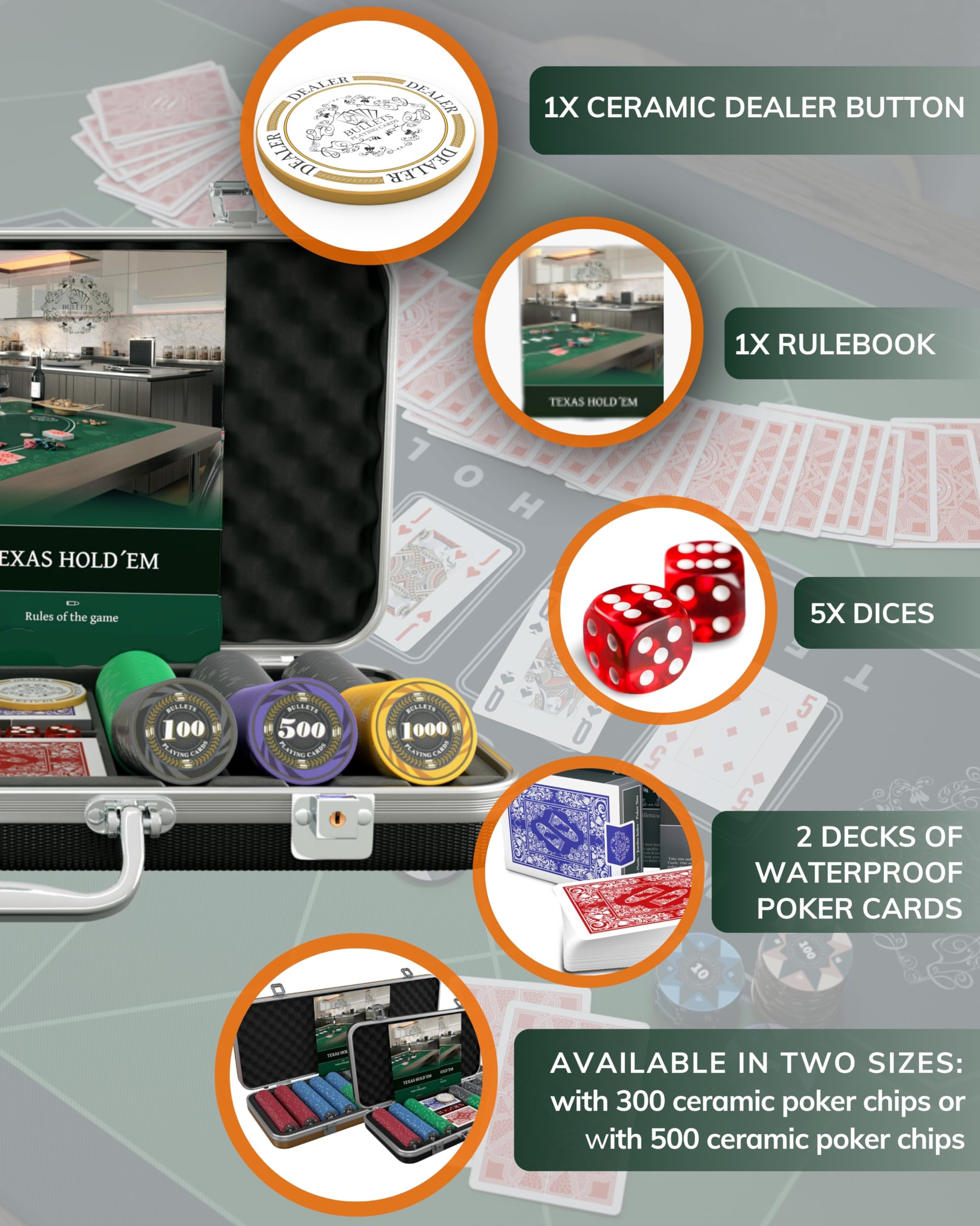 Bullet Playing Cards Poker Set with Case - 300 Ceramic Chips for Poker, Blackjack & Casino Games - Durable Complete Poker Chip Set with Denomination Values - Perfect for Home Games, Casino Nights & Poker Tournaments