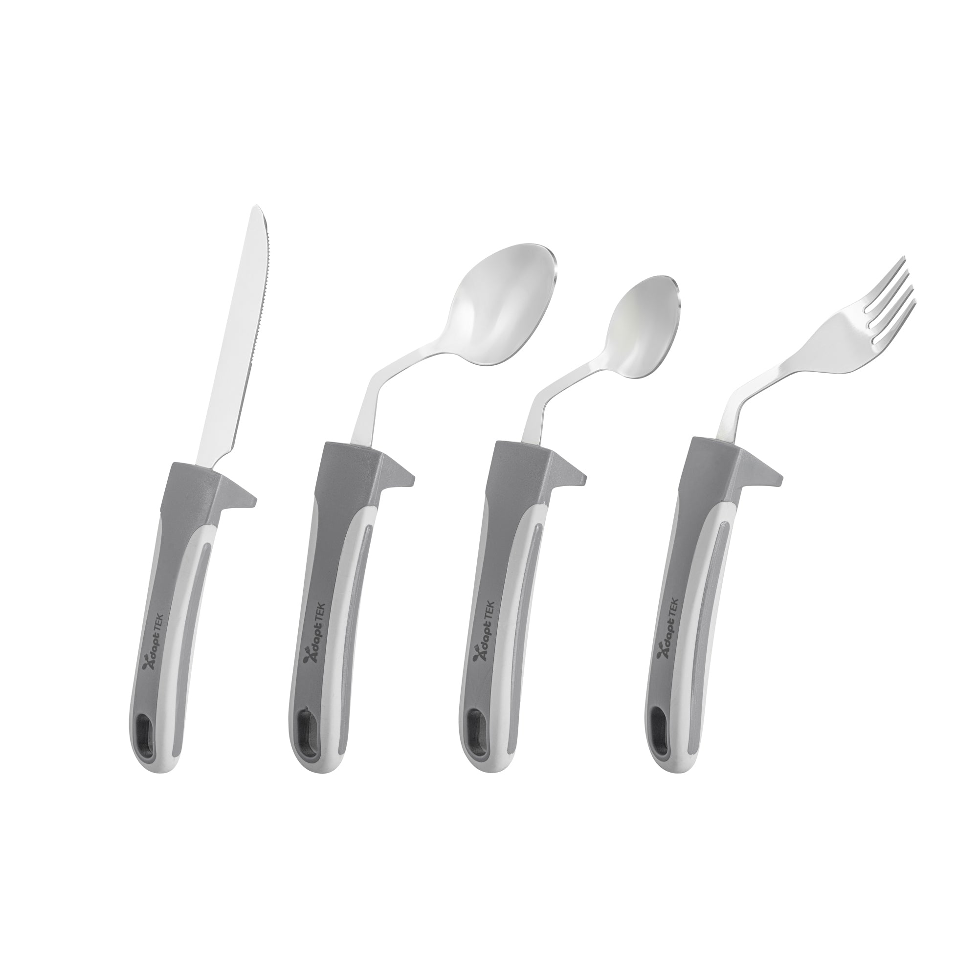 Adapt Tek Gray Stainless Steel 4-Piece Adaptive Offset Utensil Set for Left-Handed Users - Lightweight, Non-Slip Grip - Perfect for Arthritis & Limited Mobility - 1 Count Box - Ideal for Cooking, Dining & Assisted Living