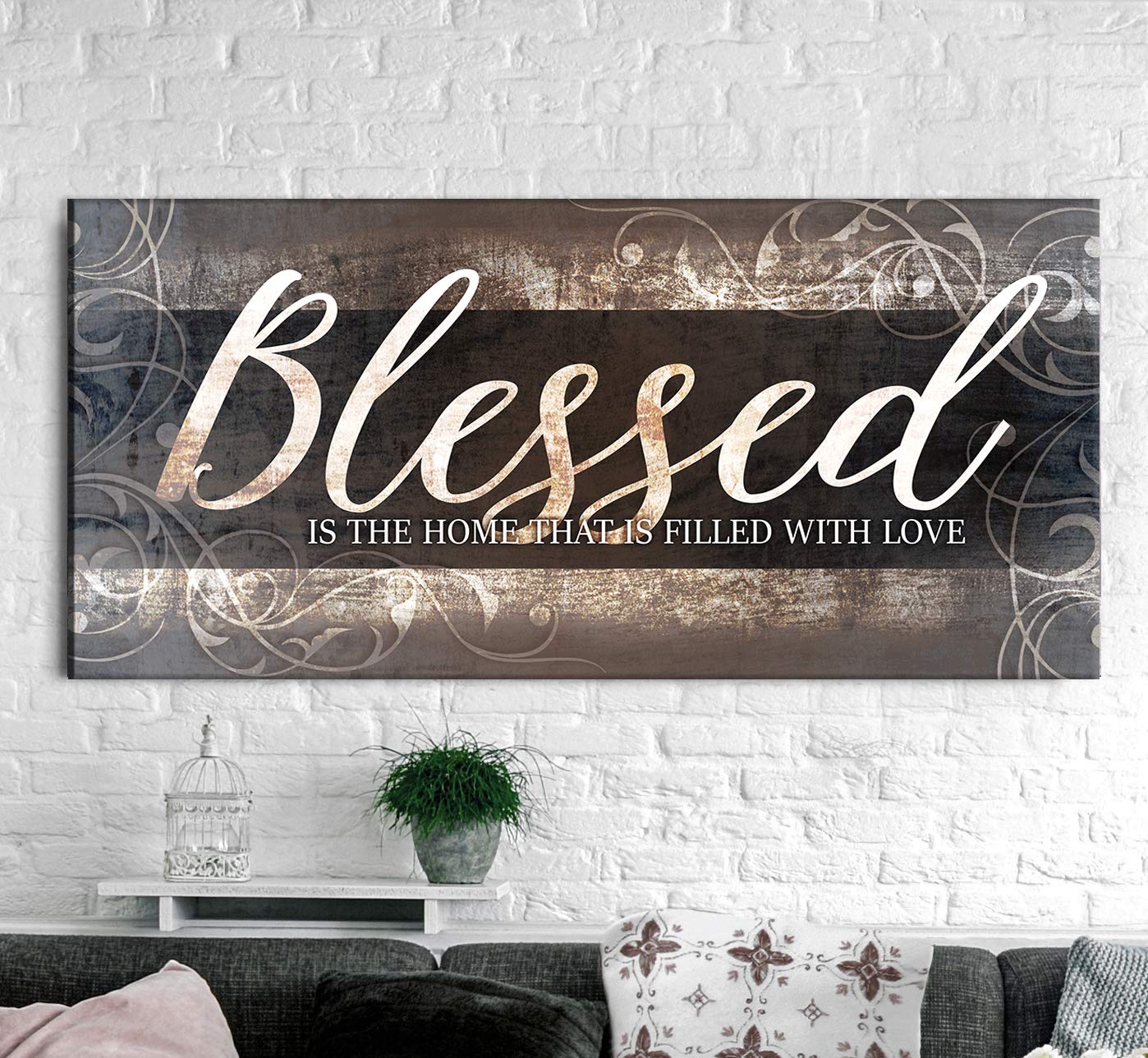 Blessed is the Home Wooden Framed Canvas Wall Art - Rustic Religious Home Decor for Living Room, Housewarming Gift (Brown Grey, 60x27 inches) - Perfect for Farmhouse, Cottage & Spiritual Spaces