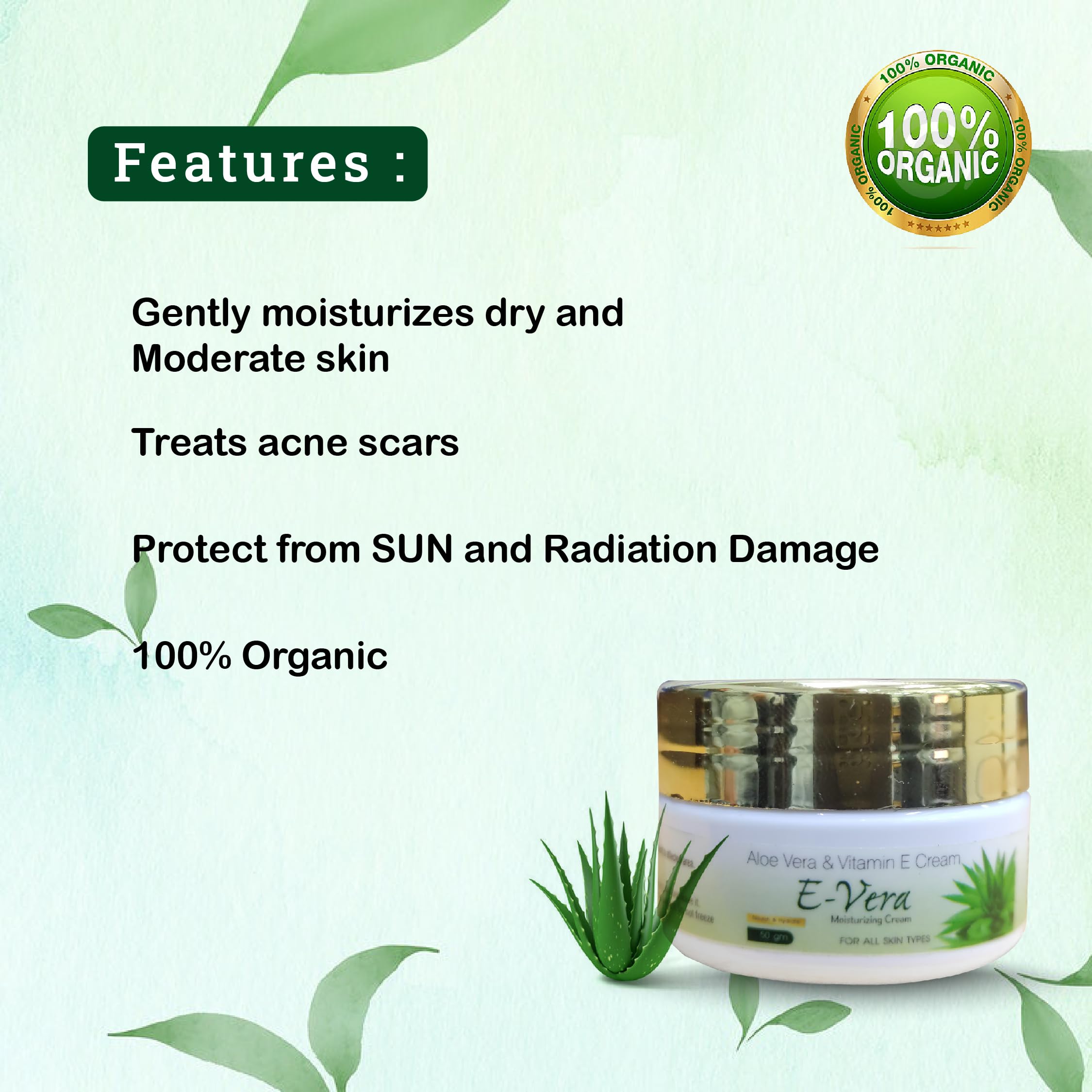 E-Vera Cream with Aloe Vera & Vitamin E - Deep Moisturizing & Glowing Skin Care for All Skin Types - 50g (Pack of 4) - Perfect for Daily Hydration, Dry Skin Relief & Nighttime Nourishment