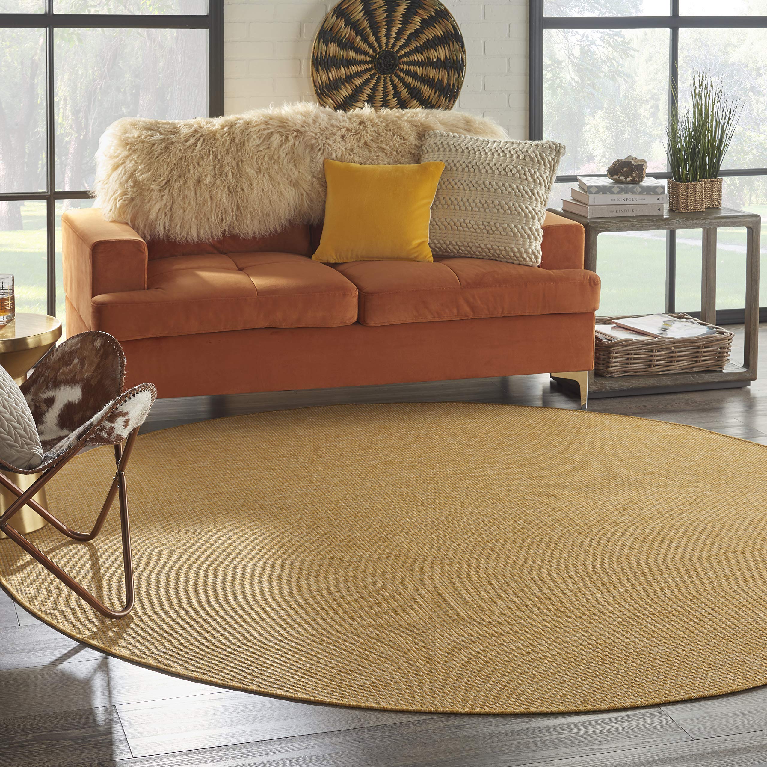 Nourison Positano 8' Round Indoor/Outdoor Area Rug - Yellow, Easy to Clean, Non-Shedding for Bedroom, Living Room, Dining Room | Perfect for Backyard, Deck & Patio Use