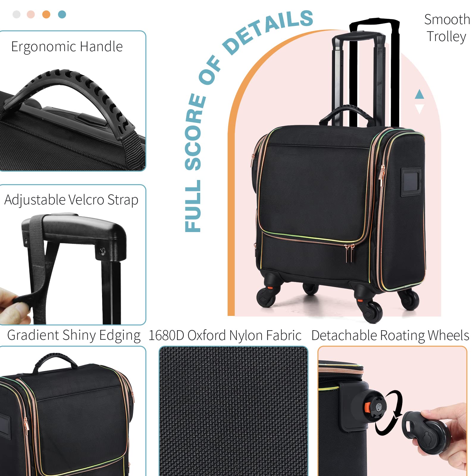 Professional Rolling Makeup Train Case with 5 Toiletry Bags - Travel Cosmetic Organizer for Makeup Artists & Hairstylists - Durable Black Makeup Storage for Salon, Bridal & On-Set Beauty Services