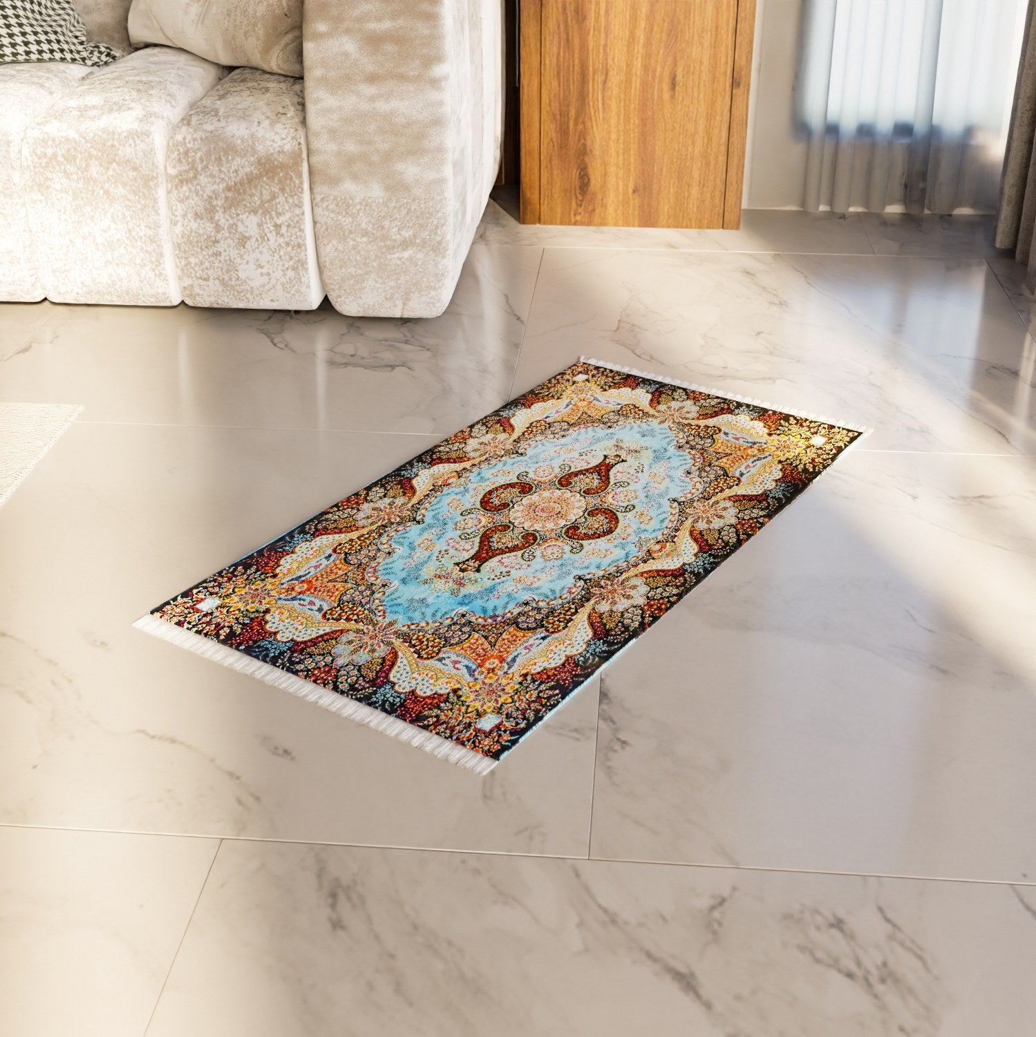 Premium Islamic Prayer Rug - Blue & Beige Floral Motifs Janamaz for Home, Mosque & Travel - Soft & Durable Muslim Prayer Mat for Daily Salah