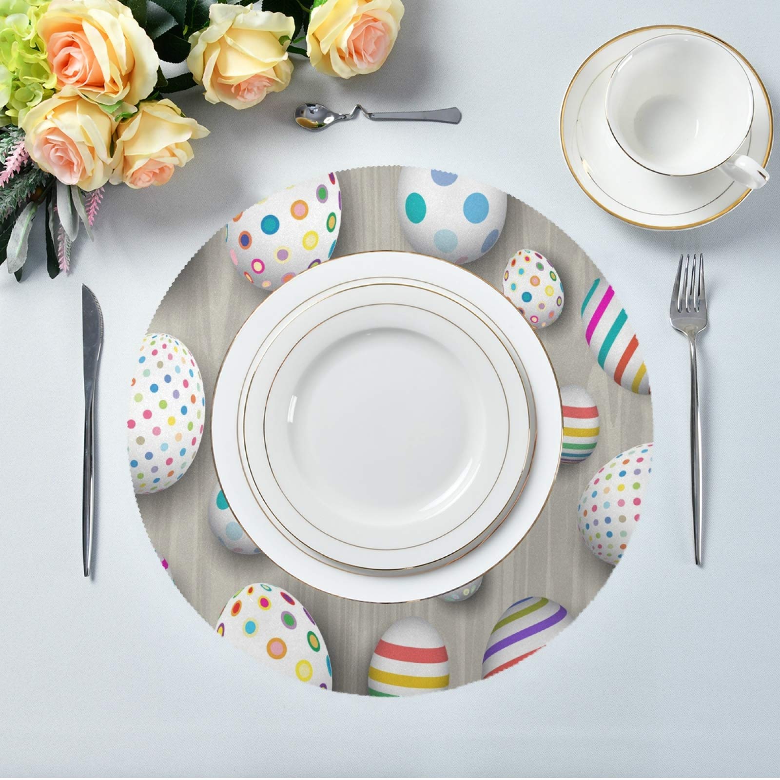 Easter Placemats Set of 6 - Round Wooden Easter Egg Design Washable Table Mats for Kitchen Dining, Holiday Decor & Spring Party Table Setting
