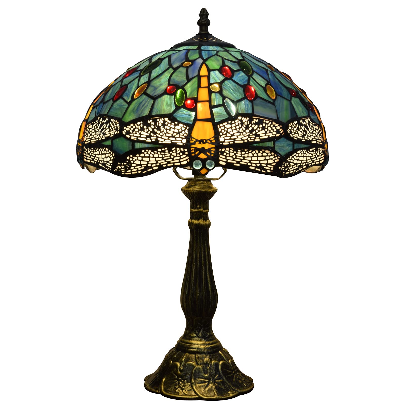 12 Inch Mediterranean Blue Dragonfly Tiffany Table Lamp - European Stained Glass Lampshade for Bedside, Desk & Living Room Decor | Perfect for Bedroom, Coffee Bar & Art Display