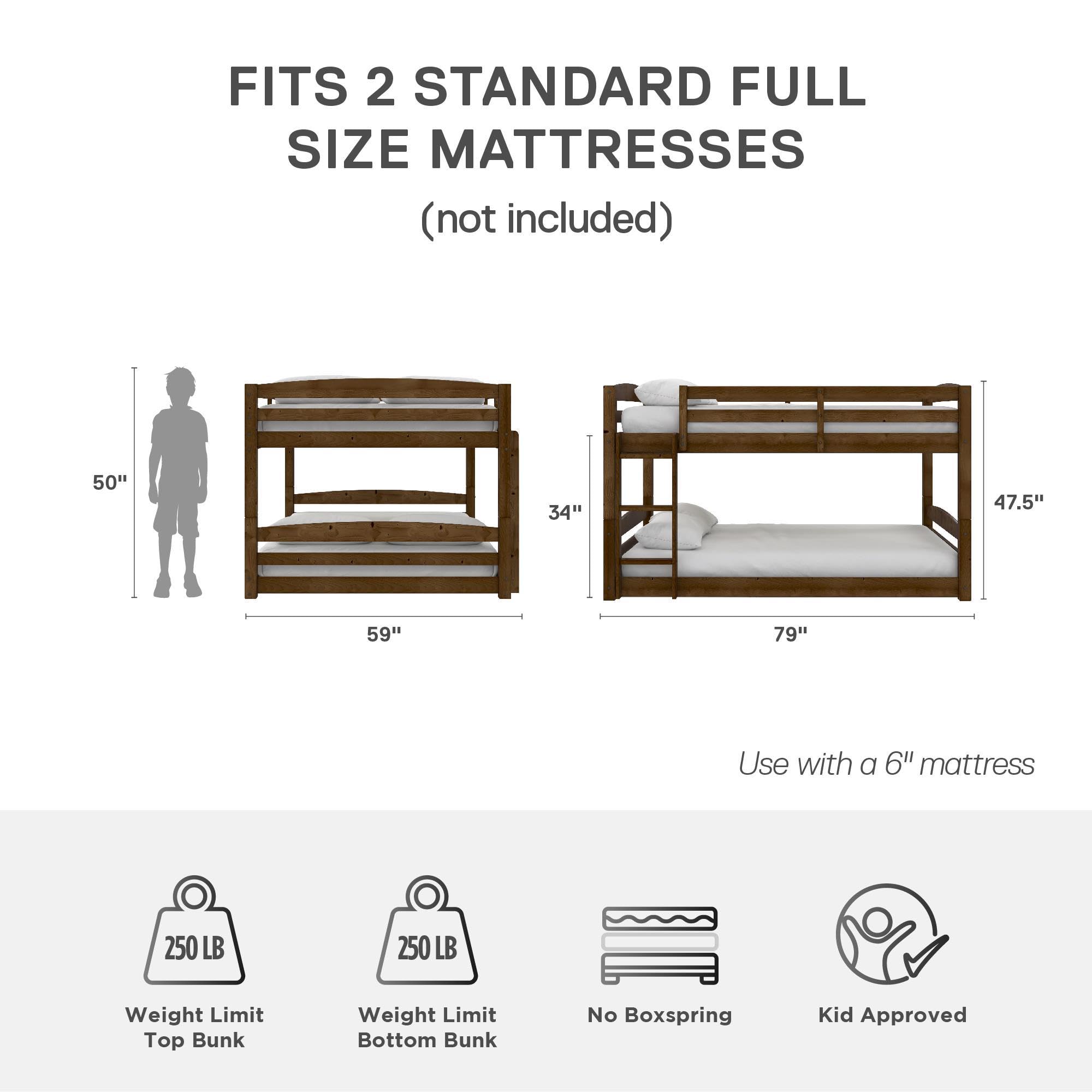 DHP Phoenix Convertible Low Wood Floor Bunk Bed - Full Over Full Stackable Kids Bed Frame with Ladder & High Guardrail | Solid Wood Construction, No Box Spring Needed | Perfect for Small Rooms, Guest Rooms & Kids' Shared Bedrooms