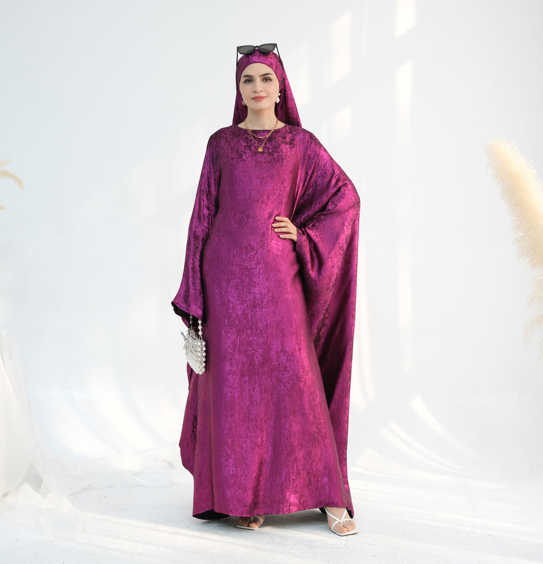 Linora Shimmer Butterfly Abaya - Elegant Magenta Islamic Dress for Women | Perfect for Eid, Prayer, and Special Occasions