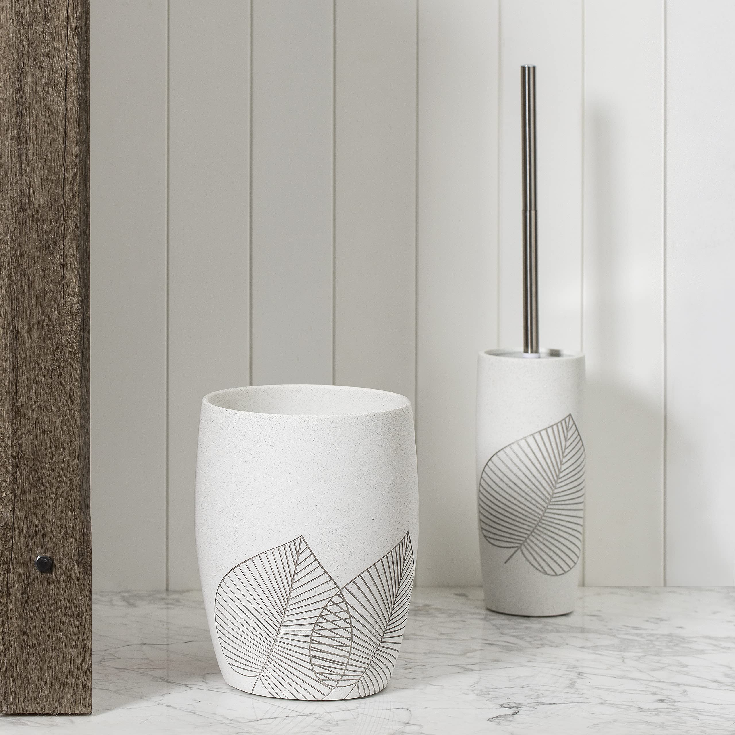 2-Pack Elegant Leaf Design High-Quality Polyresin Wastebasket Trash Can with Brush Holder - Perfect for Bathroom, Kitchen, Home Office & Powder Room - White