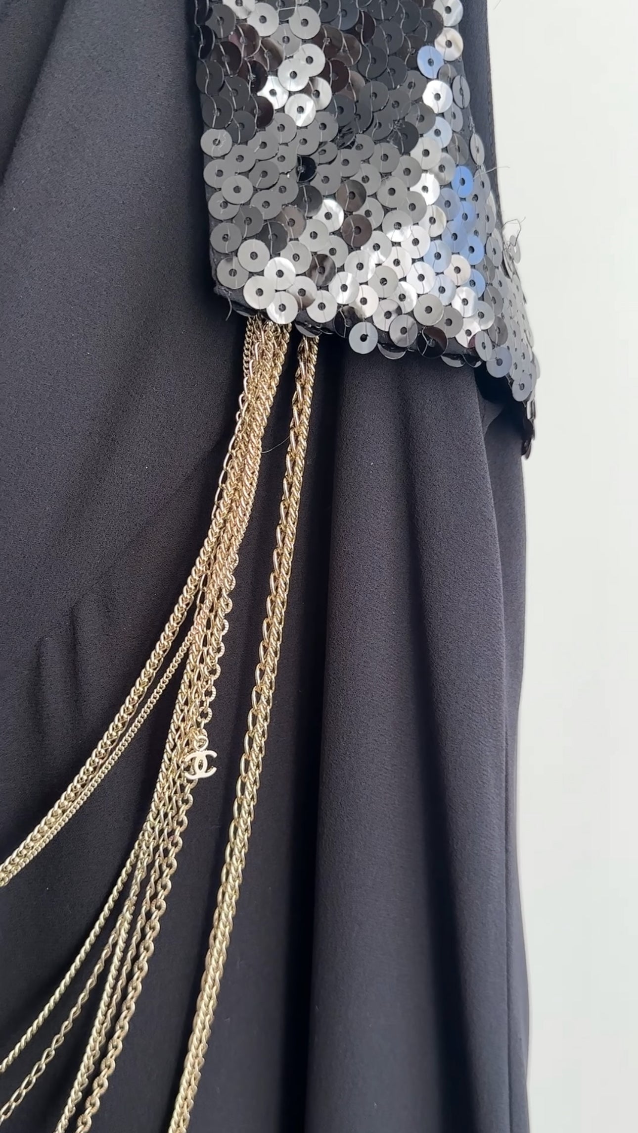 Chanel 07P Black Sequin Flare Dress with Gold Chains - Size FR40 / M - Elegant Evening Gown for Parties, Weddings & Special Occasions