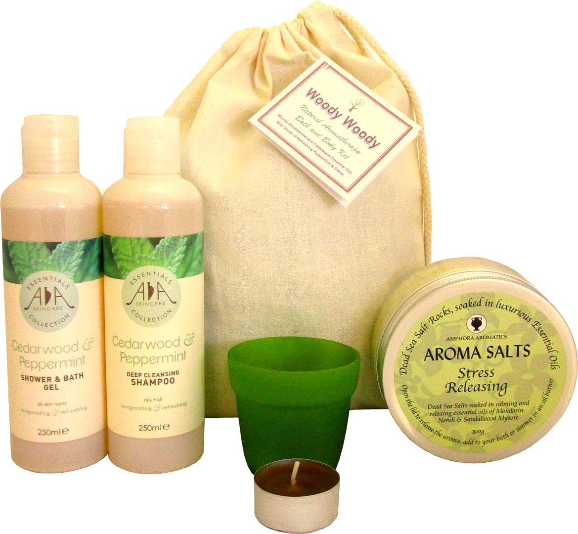 **Woody Aromatherapy Shampoo & Body Wash Gift Set - Cedarwood, Sandalwood, Peppermint & Citrus Essential Oils - SLS & Paraben Free, Vegan - Perfect for Relaxing Baths & Spa Days**
