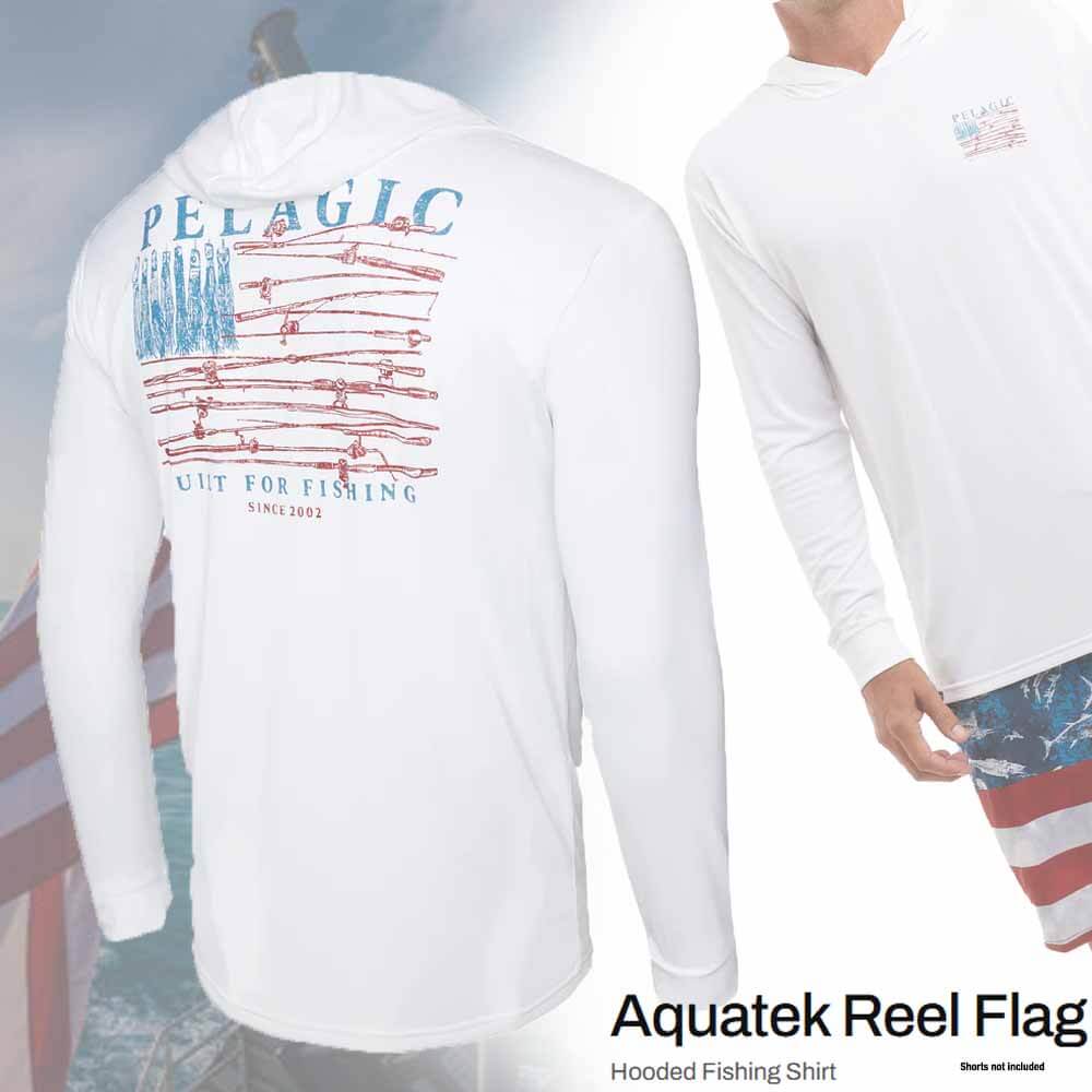 Pelagic White Aquatek Hooded Reel Flag Long Sleeve Performance Fishing Shirt - Perfect for Saltwater Fishing, Boating, and Outdoor Adventures
