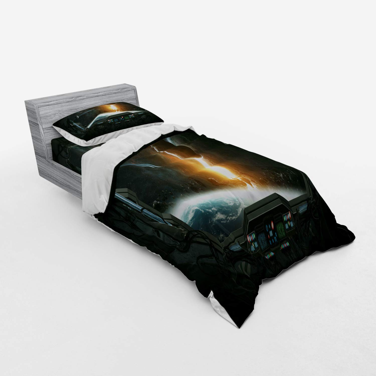 Ambesonne Outer Space Bedding Set - Planets & Astronaut View from Shuttle Window, 3-Piece Duvet Cover with Pillow Sham & Fitted Sheet, Twin XL Size, Grey & Orange - Perfect for Space-Themed Bedrooms, Kids Rooms & Sci-Fi Decor
