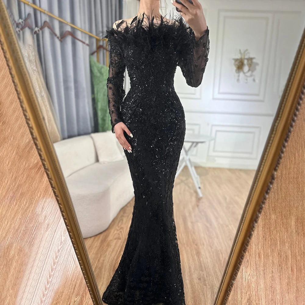 Luxury Dubai Green Boat Neck Mermaid Evening Dress with Elegant Feathers & Beading for Women - Perfect for Weddings, Parties & Special Occasions