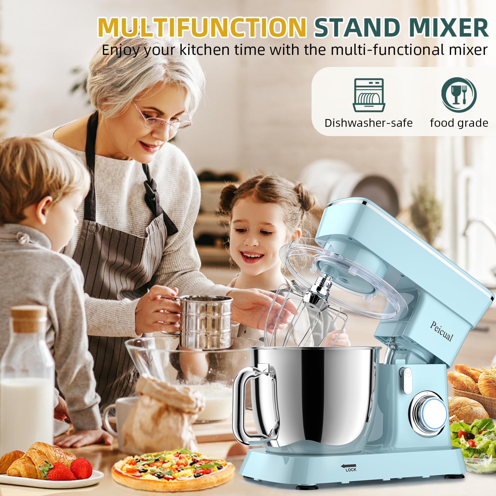 6QT 10-Speed Tilt-Head Stand Mixer with Stainless Steel Bowl - Dough Hook, Flat Beater & Wire Whisk Included - Perfect for Baking Cakes, Cookies & Bread - Splash Guard & Blue Design for Mess-Free Kitchen Mixing