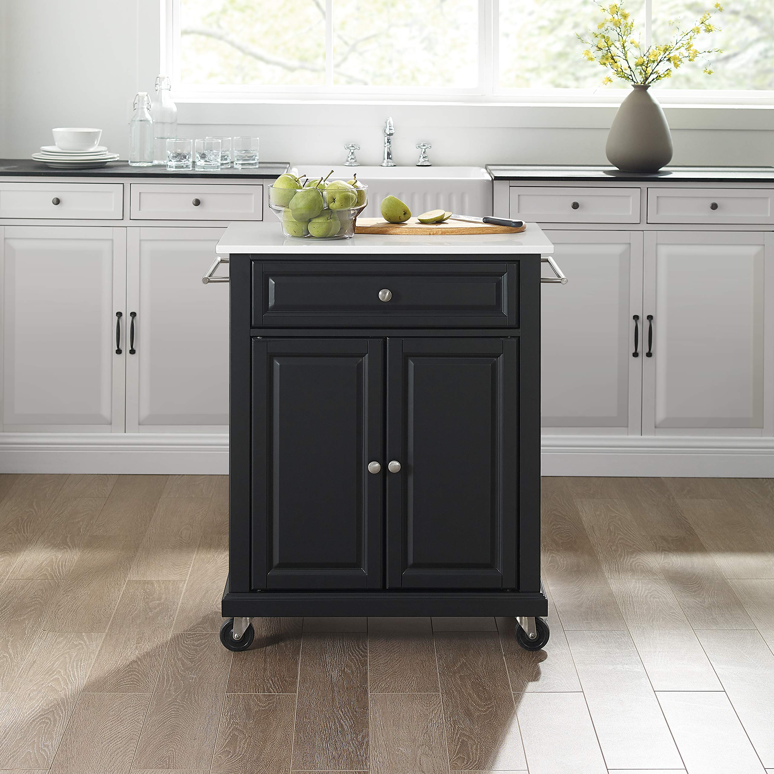 Crosley Black Compact Rolling Cart with Stone Top & Shelves - Microwave Stand, Towel Rack for Kitchen, Bathroom, or Office Storage