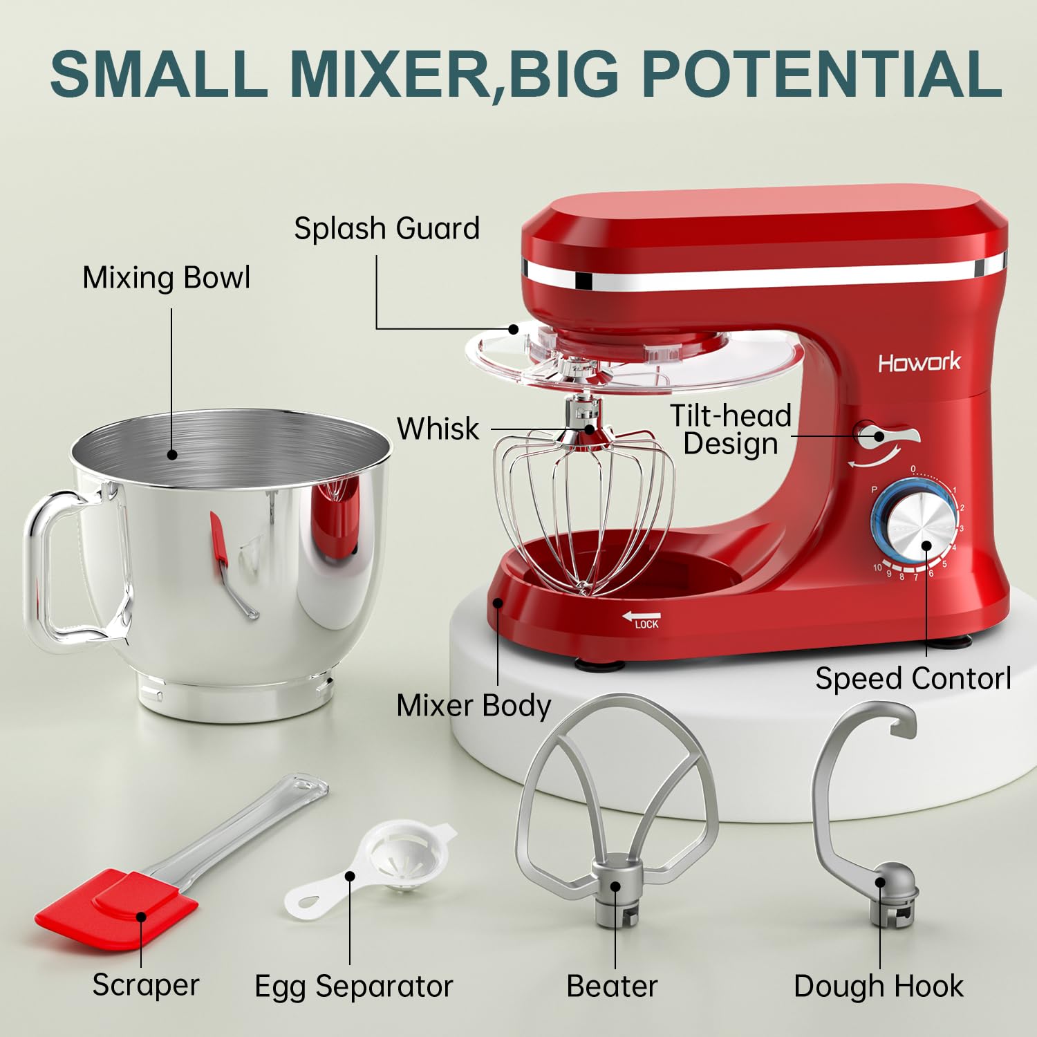 HOWORK 6.5QT Stand Mixer - 10+ Speed Electric Kitchen Mixer with Stainless Steel Bowl, Dough Hook, Wire Whip & Beater - Perfect for Baking, Cooking & Meal Prep - Ideal for Home Bakers & Cooking Enthusiasts (Bright Red)