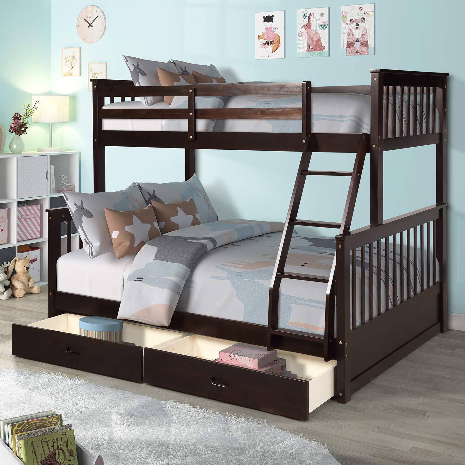 Solid Wood Twin Over Full Bunk Bed with Storage Drawers & Guardrails - Sturdy Bunk Bed Frame for Kids, Teens & Adults - No Box Spring Needed - Espresso Finish - Perfect for Small Bedrooms, Guest Rooms & Vacation Homes