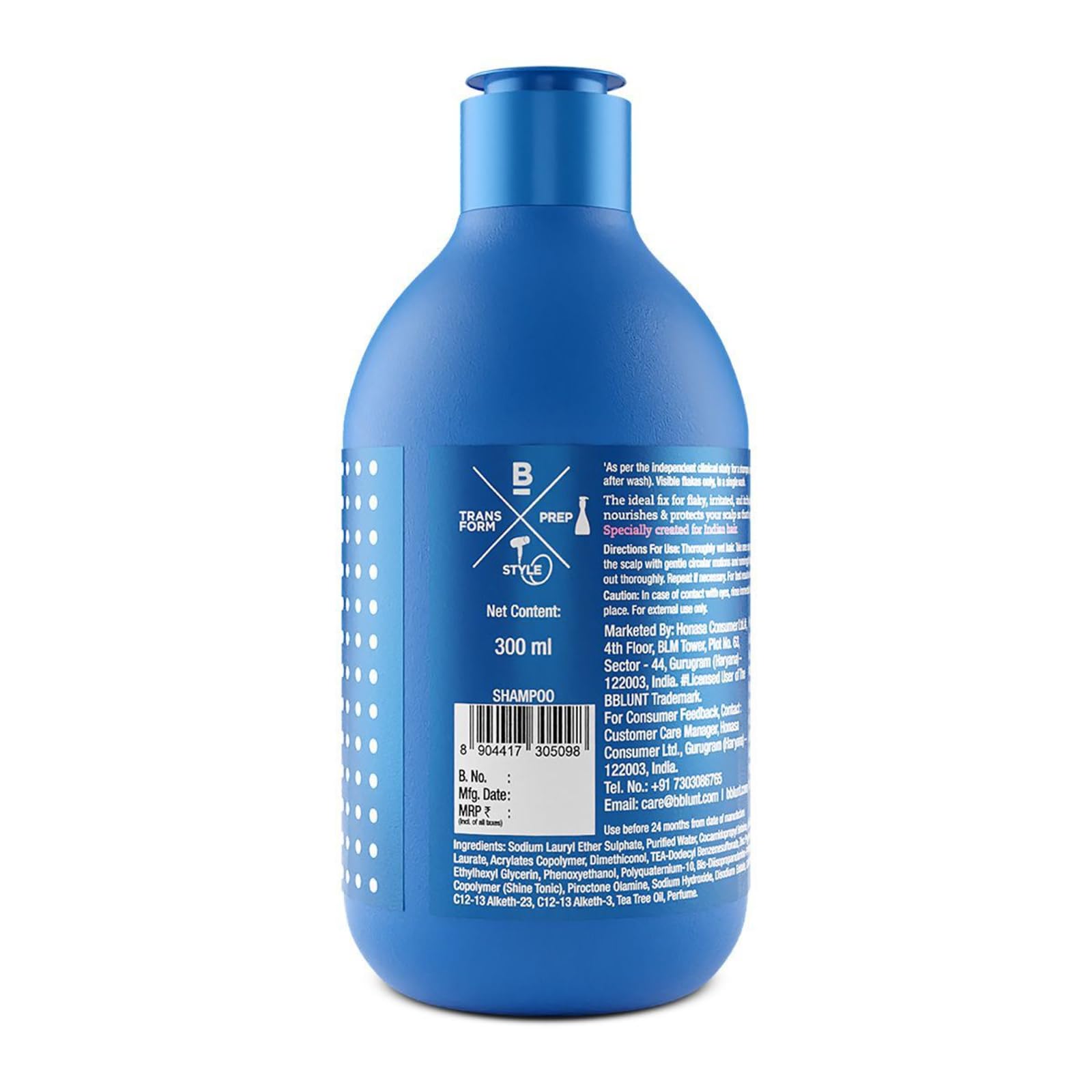 Bblunt Anti-Dandruff Shampoo with Zinc Pyrithione & Tea Tree Oil - 100% Dandruff Control, Oil & Itch Relief for All Hair Types - Men & Women (300ml) - Perfect for Daily Scalp Care & Flake-Free Hair