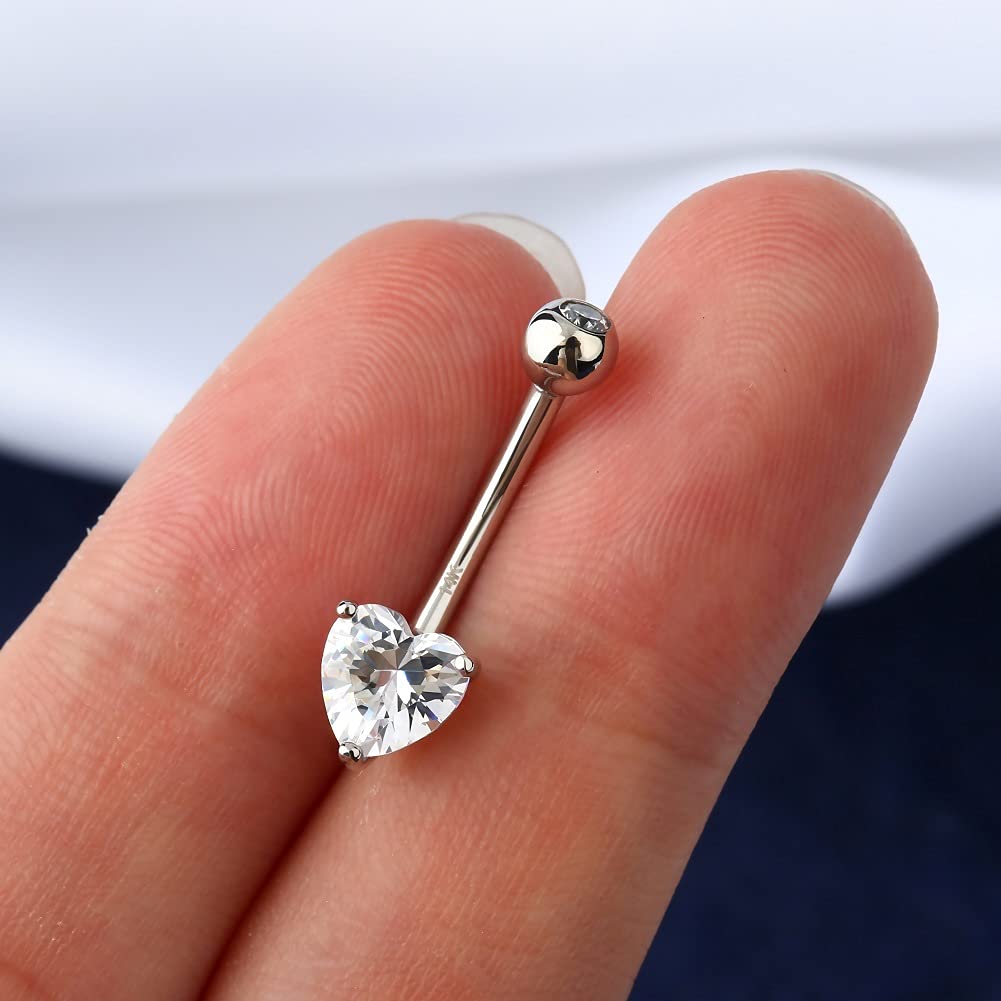 14K Solid White Gold Belly Button Rings with Heart Solitaire Cubic Zirconia - OUFER Navel Piercing Jewelry for Women | Elegant Body Jewelry for Everyday Wear, Parties, Beach Outfits & Special Occasions | Perfect for Date Nights, Vacations & Piercing Gifts | Ideal for Casual, Formal & Summer Fashion Styles