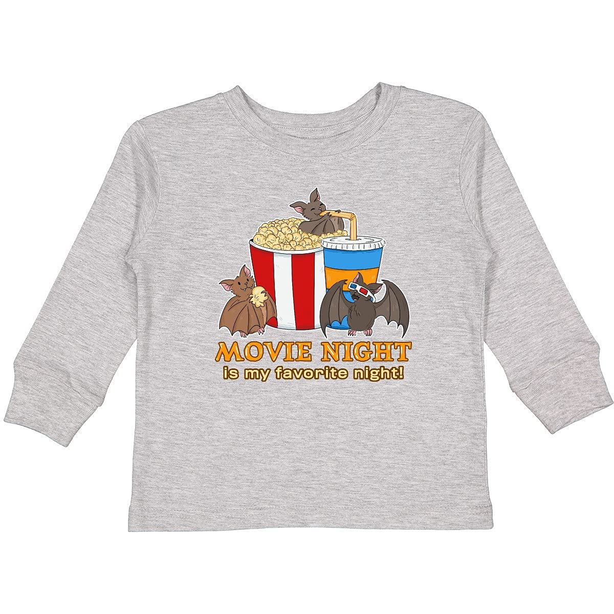 Inktastic Movie Night is My Favorite Night Bats with Toddler Long Sleeve T-Shirt - Cute Family Matching Outfits for Movie Nights & Casual Wear