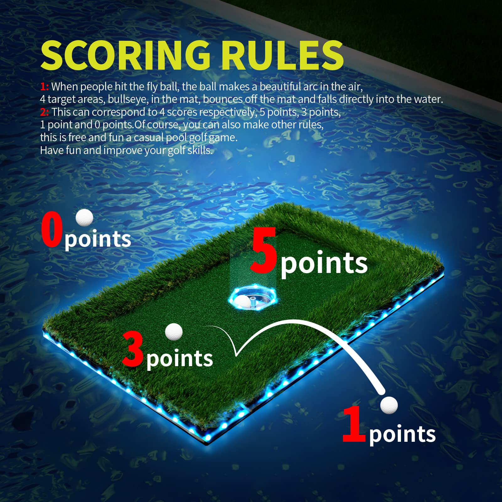 LED Floating Golf Green for Pool - 16 Color Remote Control Chipping Mat with Ring & Edge Lights - Perfect for Nighttime Backyard Swimming Pool Games & Outdoor Entertainment