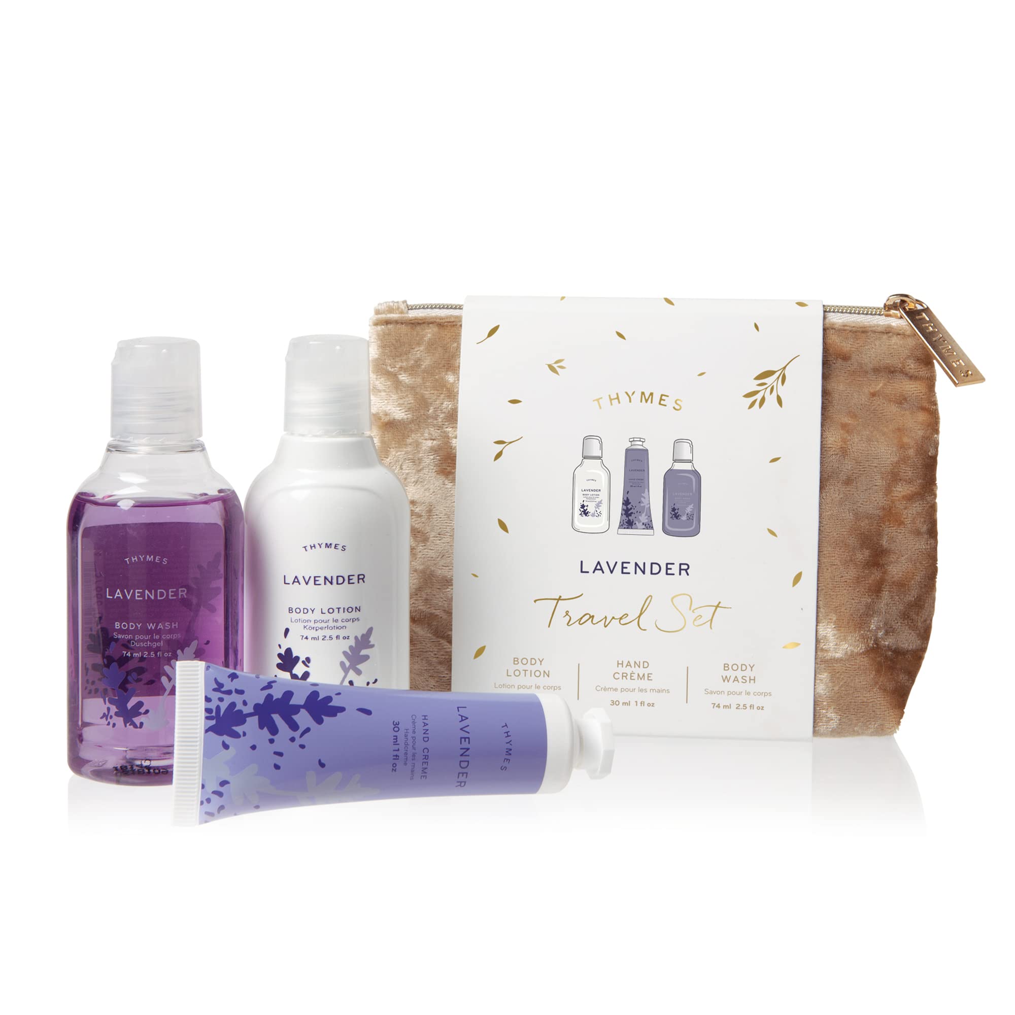 Thymes Travel Set & Beauty Bag with Lavender Body Wash, Lotion & Hand Cream | Perfect for Vacation, Spa Days & On-the-Go Self Care