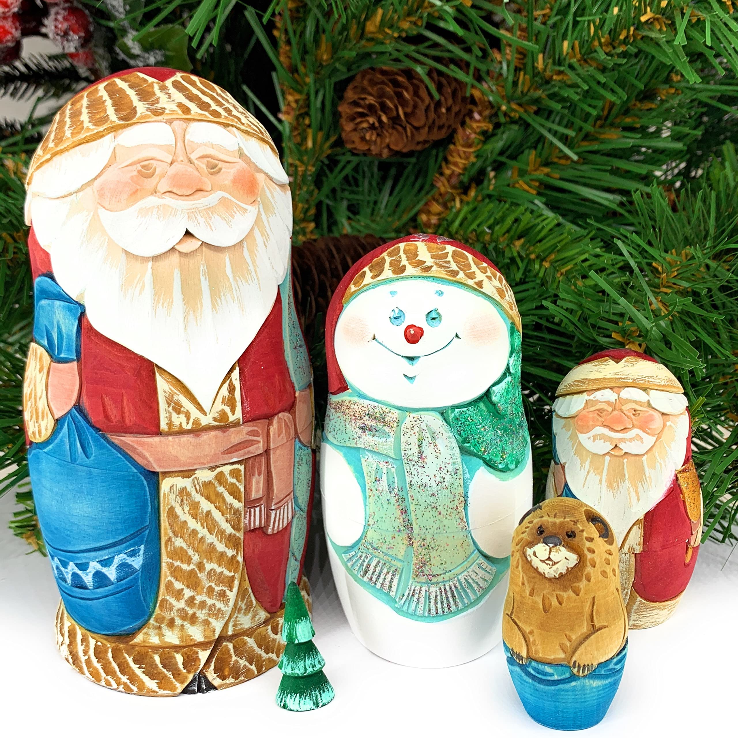 Russian Santa Claus Wooden Nesting Doll Set - Handmade Christmas Tree, Snowman, Bear Decor (6-10 inch Tall, 5 in 1) - Perfect for Holiday Home Decor, Gift Giving & Collectible Display