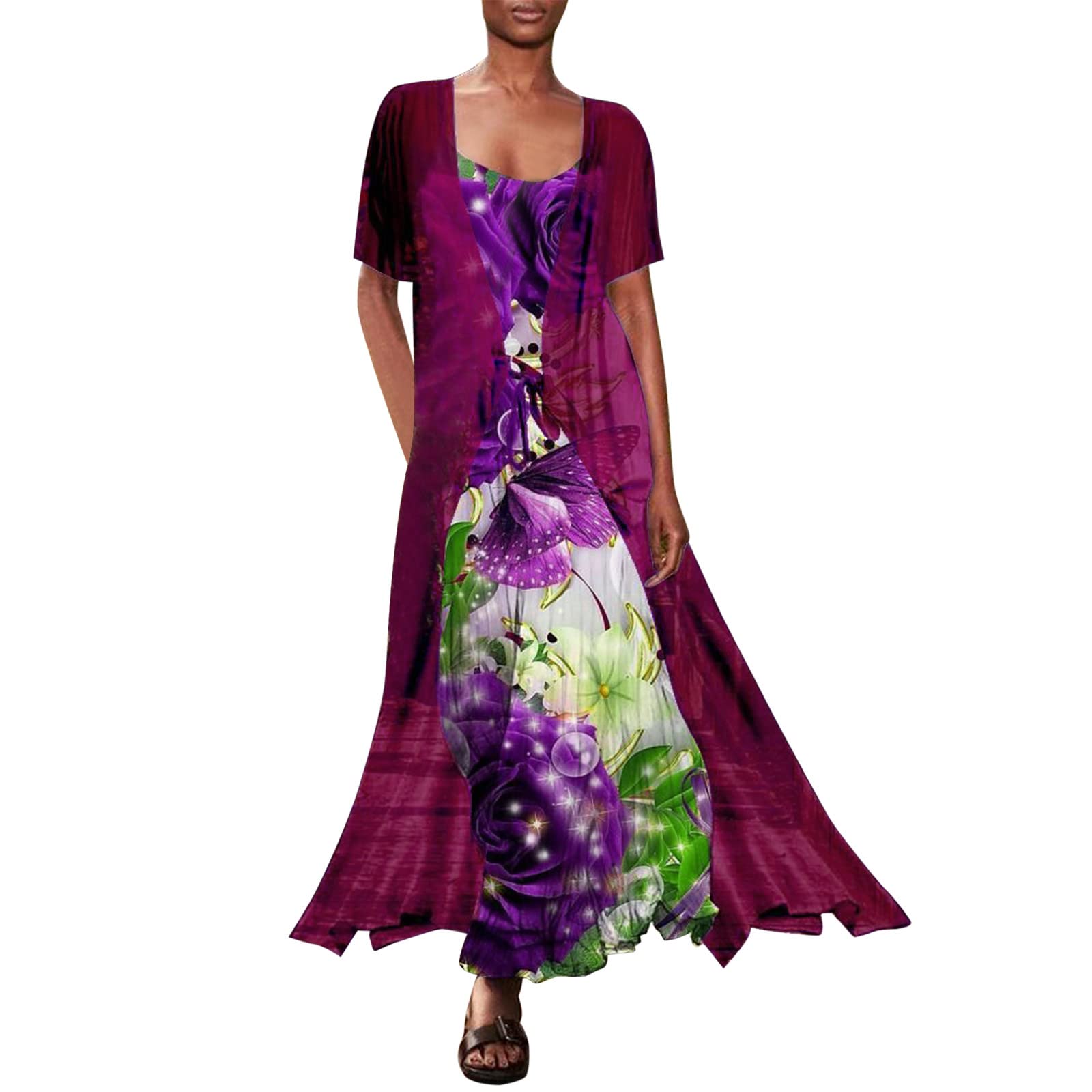 Women's Summer Casual Loose Print Dresses with Sling & Round Neck - 2 Piece Set with Tulle Cardigan & Belt - Perfect for Beach Vacations, Brunch Dates and Summer Parties