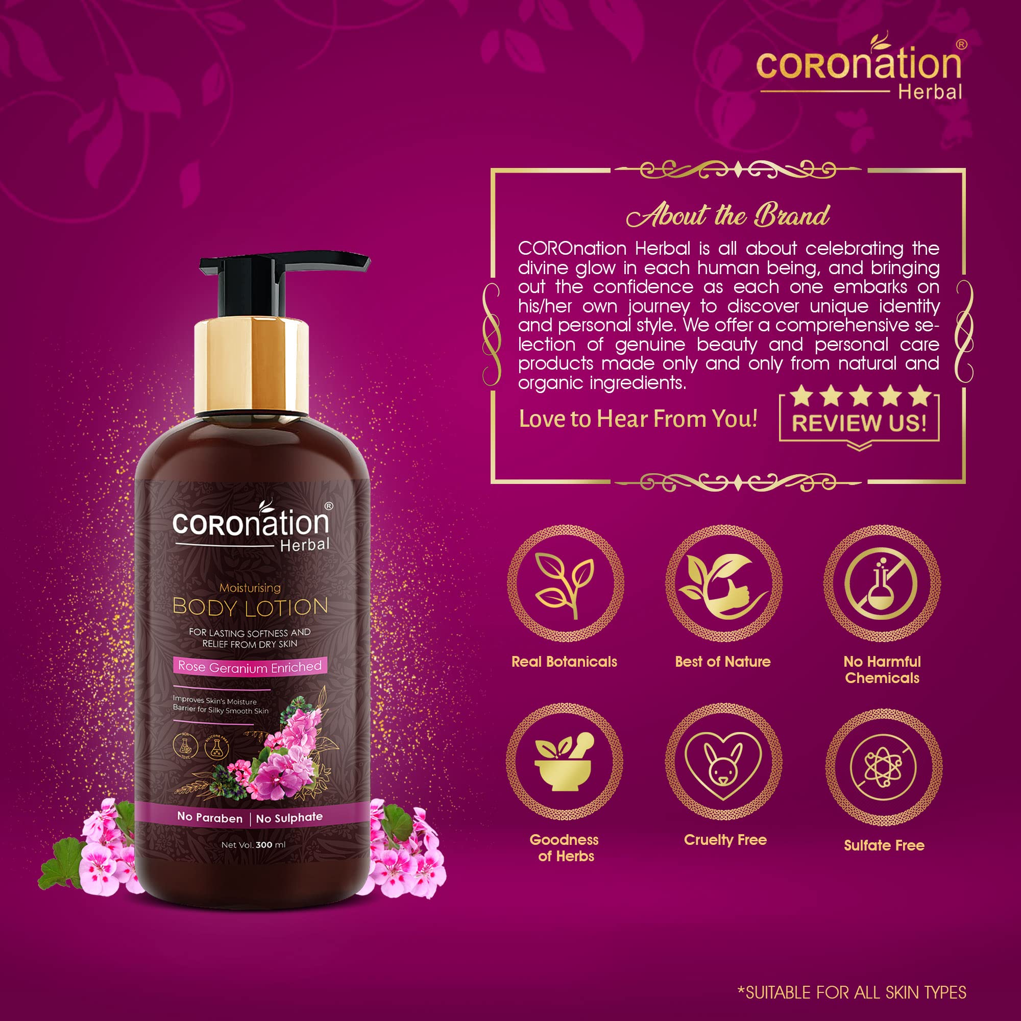 Organic Rose Geranium Face & Body Lotion for Women & Men - Hydrating Moisturizer with Natural Herbs, 300ml x 2 Pack - Perfect for Dry Skin Care, Daily Hydration & Spa Treatments