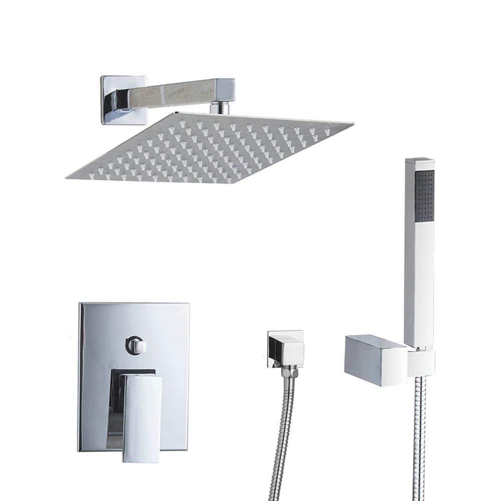 OUBONI Polished Chrome Rainfall Square Shower Head Set - Wall Mounted Bathroom Faucet with Hand Shower and Tub Mixer Tap | Perfect for Modern Bathrooms & Spa-Like Showers