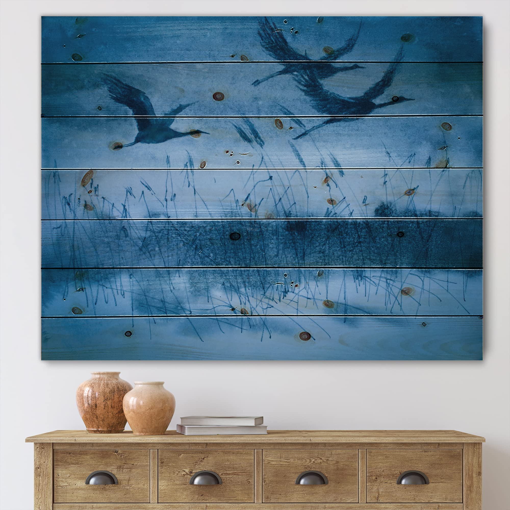 DesignQ Blue Wood Wall Art - Flying Cranes on Pine Wood for Home Decor