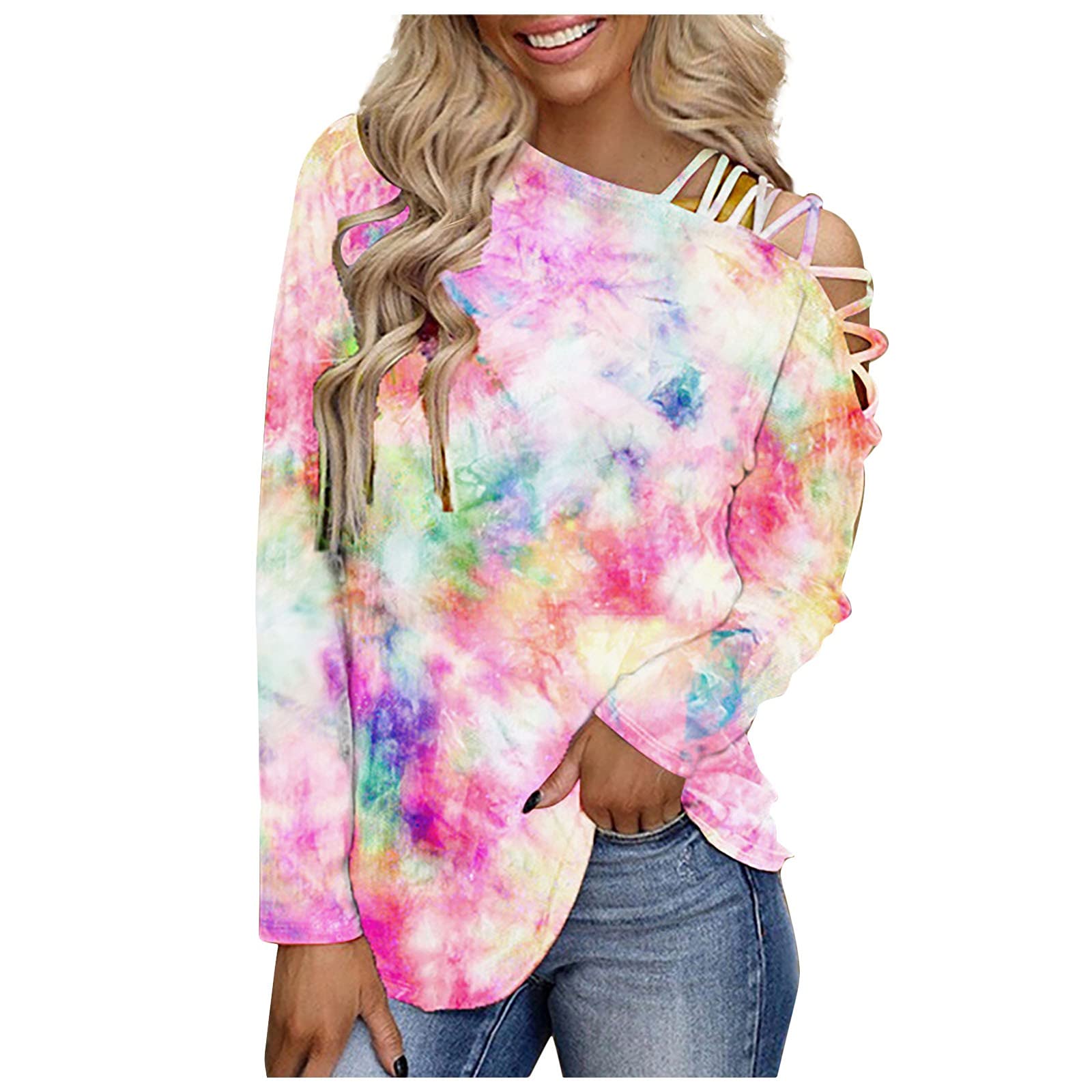 Tie Dye Off Shoulder T-Shirt Dress - Women's Long Sleeve Blouse for Casual Wear