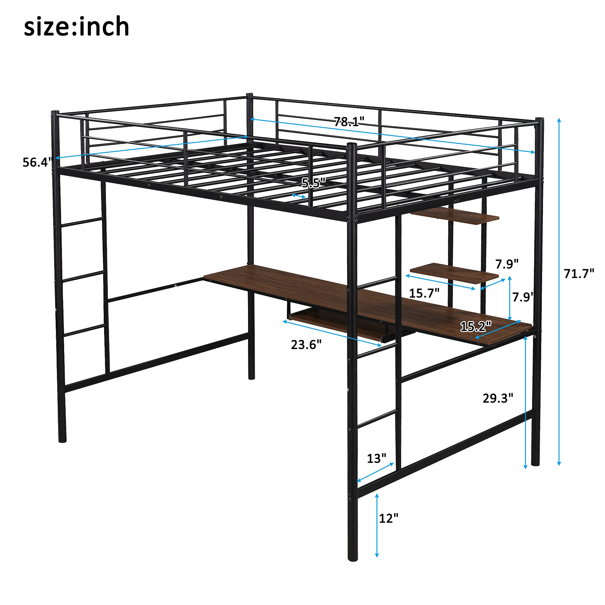**Full Size Loft Bed with Desk & 2 Shelves - Sturdy Metal Frame, Safety Guardrails & Dual Ladders - Perfect for Kids, Teens & Small Spaces - No Box Spring Needed (Black)**    *(Great for dorm rooms, studio apartments, or kids' bedrooms - Saves space with built-in study desk and storage!)*