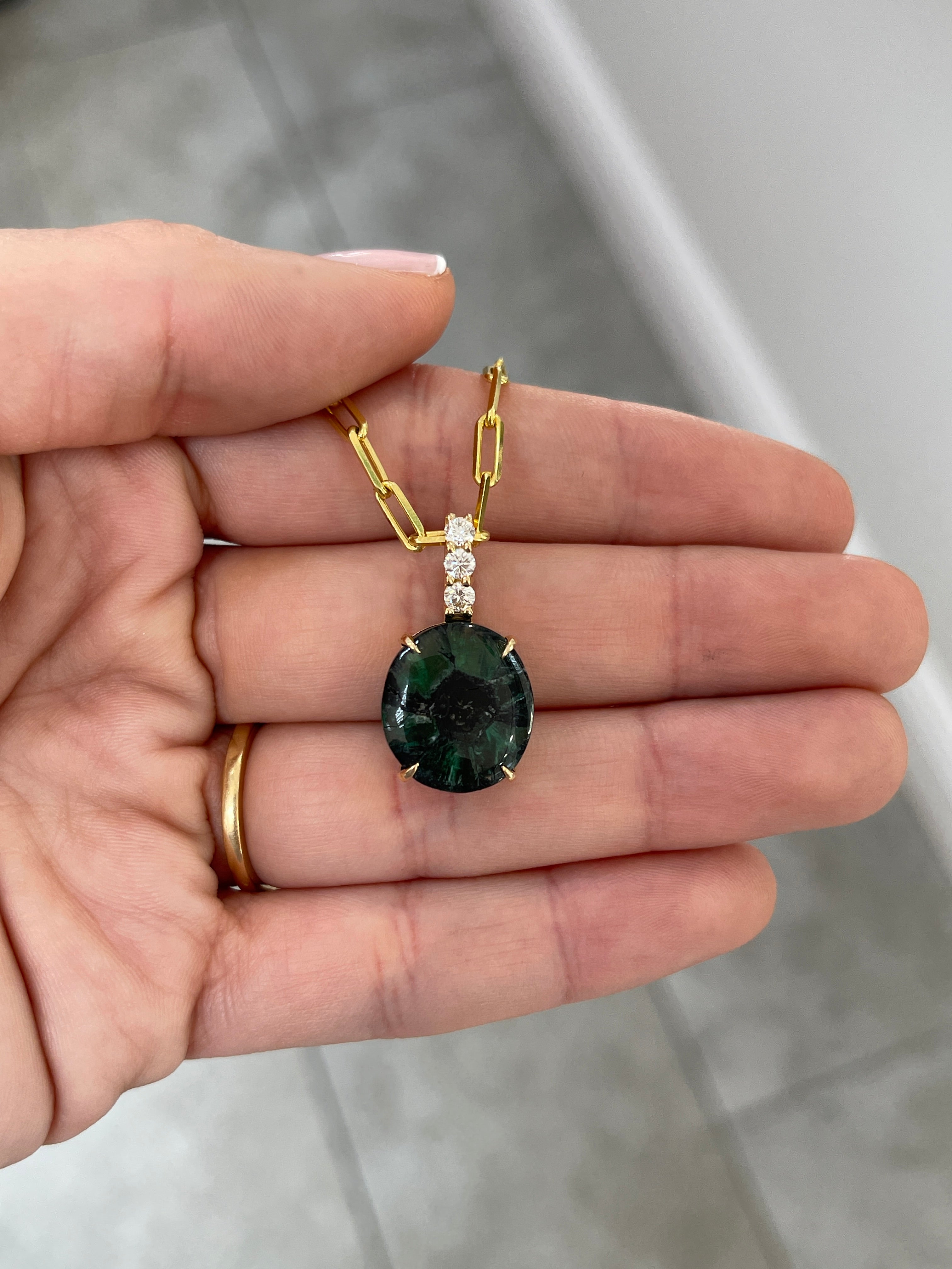 12.32tcw Oval Trapiche Colombian Emerald & Diamond Accented 18K Gold Pendant Necklace for Women - Elegant Jewelry Gift for Birthday, Anniversary & Special Occasions