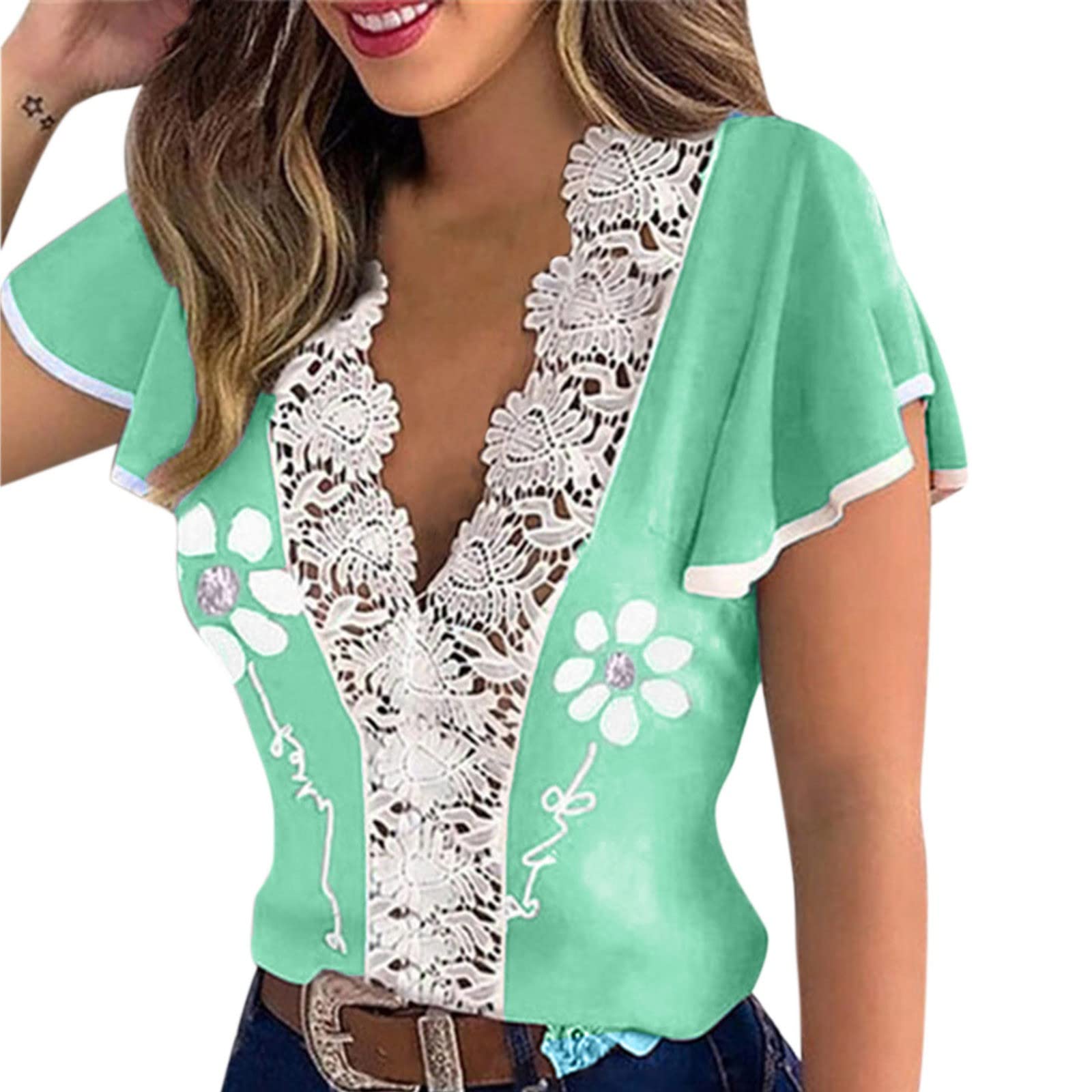 Women's Summer Casual Short Sleeve Blouse - Floral Printed Lace Shirt Tops for Everyday Wear, Office & Outdoor Activities