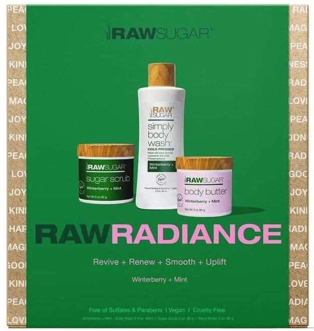 **Raw Sugar Radiant Winterberry & Mint Body Care Gift Set - Sulfate & Paraben Free Body Wash, Scrub & Butter Trio - Clean, Natural Skincare Bundle for Dry Skin - Perfect for Gifts & Self-Care Rituals**