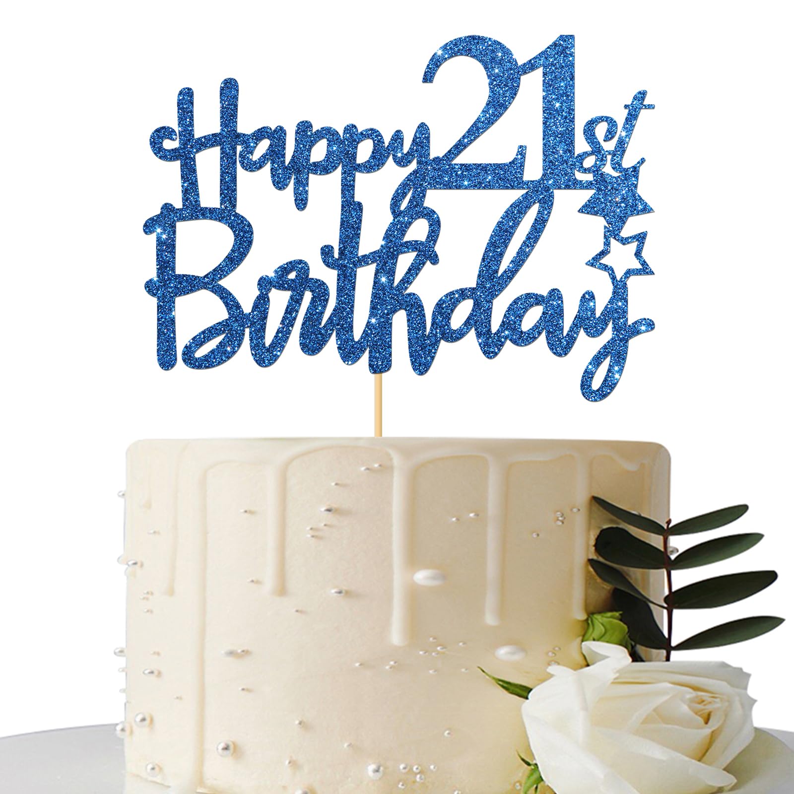 Royal Blue Glitter Happy 21st Birthday Cake Topper - 21 Sign Cake Decor - Cheers to 21 Years Party Supplies - 21st Birthday Party Decorations for Women & Men - Perfect for Birthday Cakes, Cupcakes, and Dessert Tables