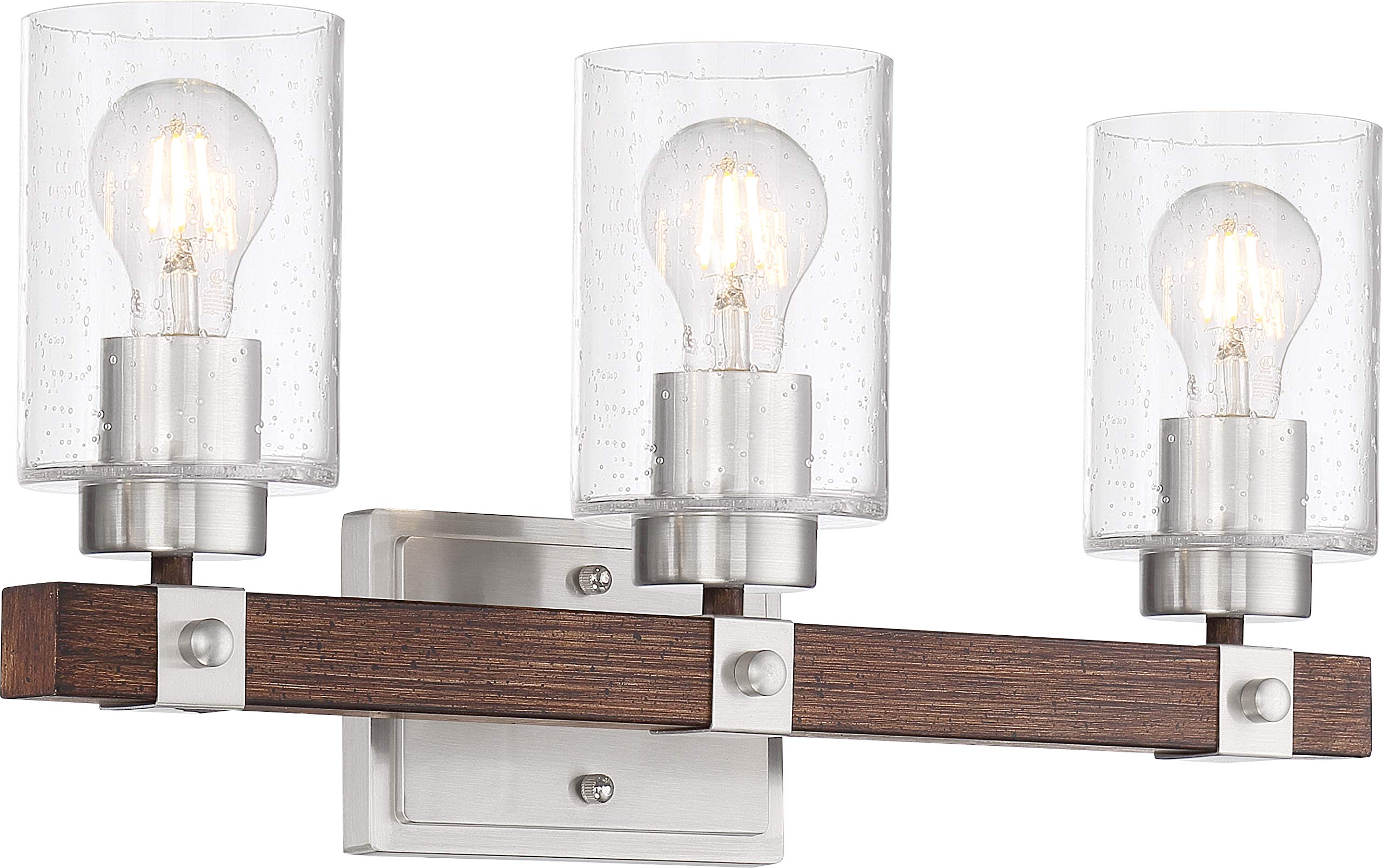 Nuvo 60/6963 Arabel Vanity Light Fixture - Brushed Nickel & Nutmeg Wood Finish with Clear Seeded Glass - 3-Light Bathroom Sconce for Modern & Farmhouse Decor