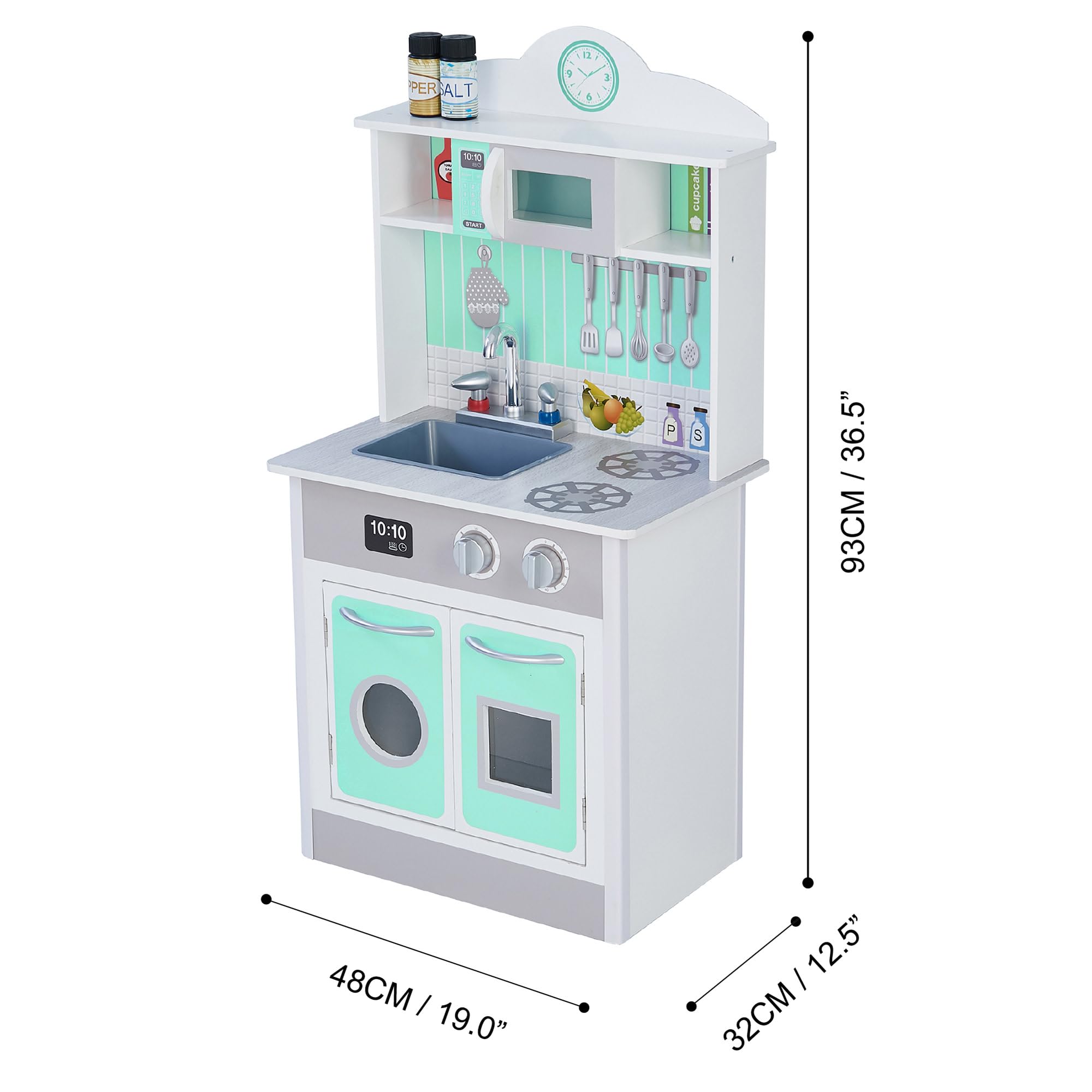 Teamson Kids Little Chef Madrid Classic Interactive Wooden Play Kitchen Set - Pretend Play Toy with Sink, Oven, Microwave & Storage - Easy Clean Gray & Mint Design - Perfect for Toddlers & Preschoolers Role Play, Birthday Gifts & Daycare Learning Activities