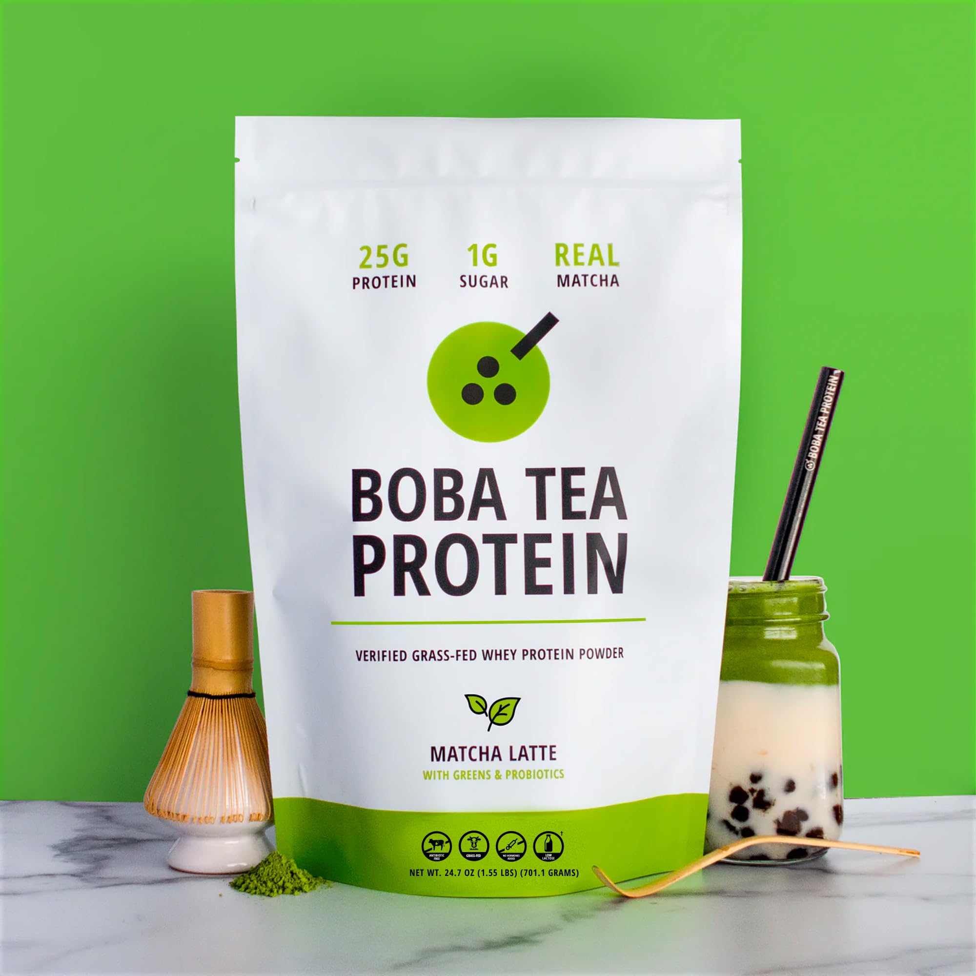 Boba Tea Protein Matcha Latte Powder | 25g Grass-Fed Whey Protein Isolate | Gluten-Free, Soy-Free & Lactose-Free Protein Drink | 19 Servings with Real Ingredients | Perfect for Post-Workout Recovery, Healthy Snacking & Bubble Tea Lovers