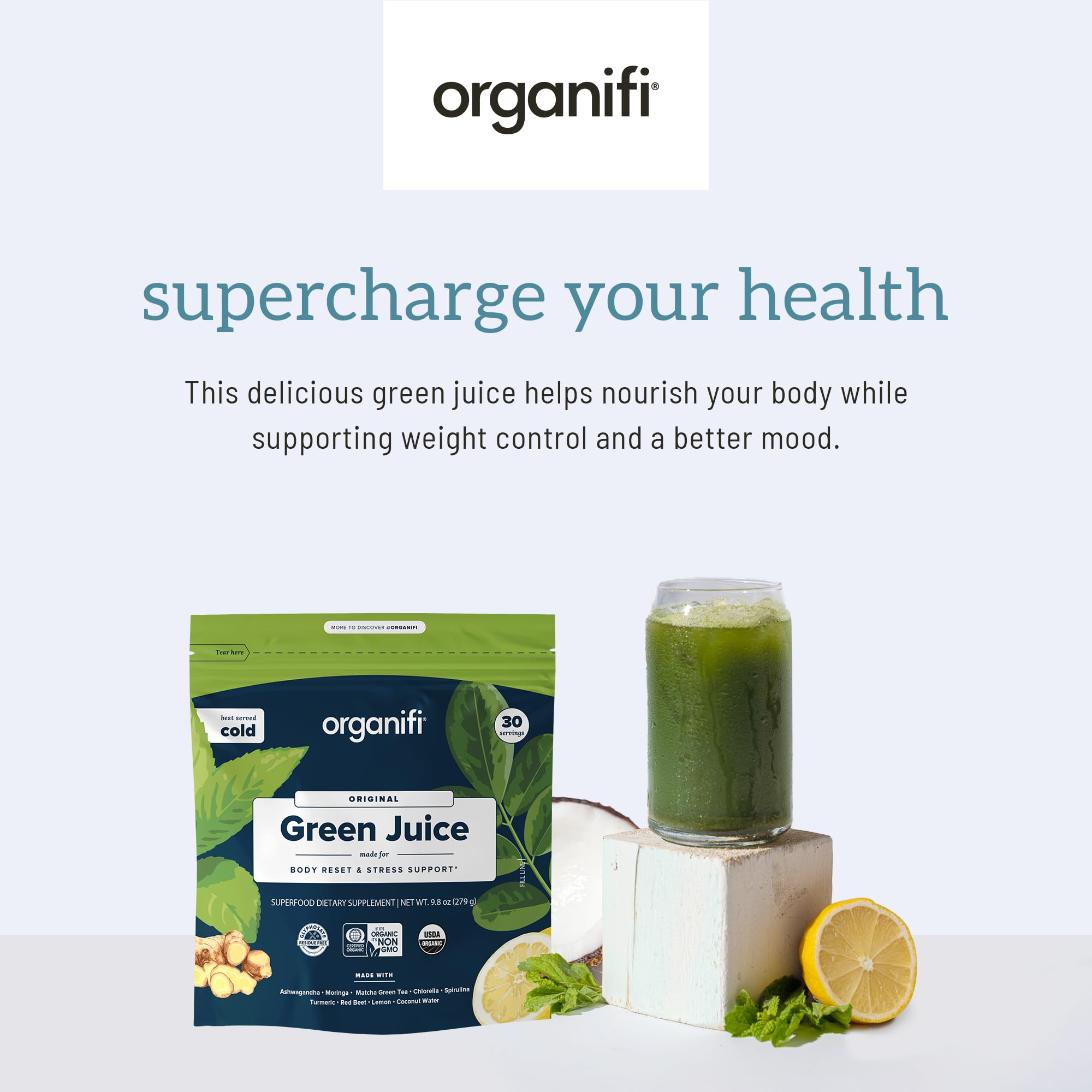 Organifi Green Juice - Organic Superfood Powder for Stress Relief & Weight Management | 90-Day Supply of Vegan Greens Blend | Supports Cortisol Balance & Total Body Wellness | Perfect for Busy Professionals & Health-Conscious Individuals