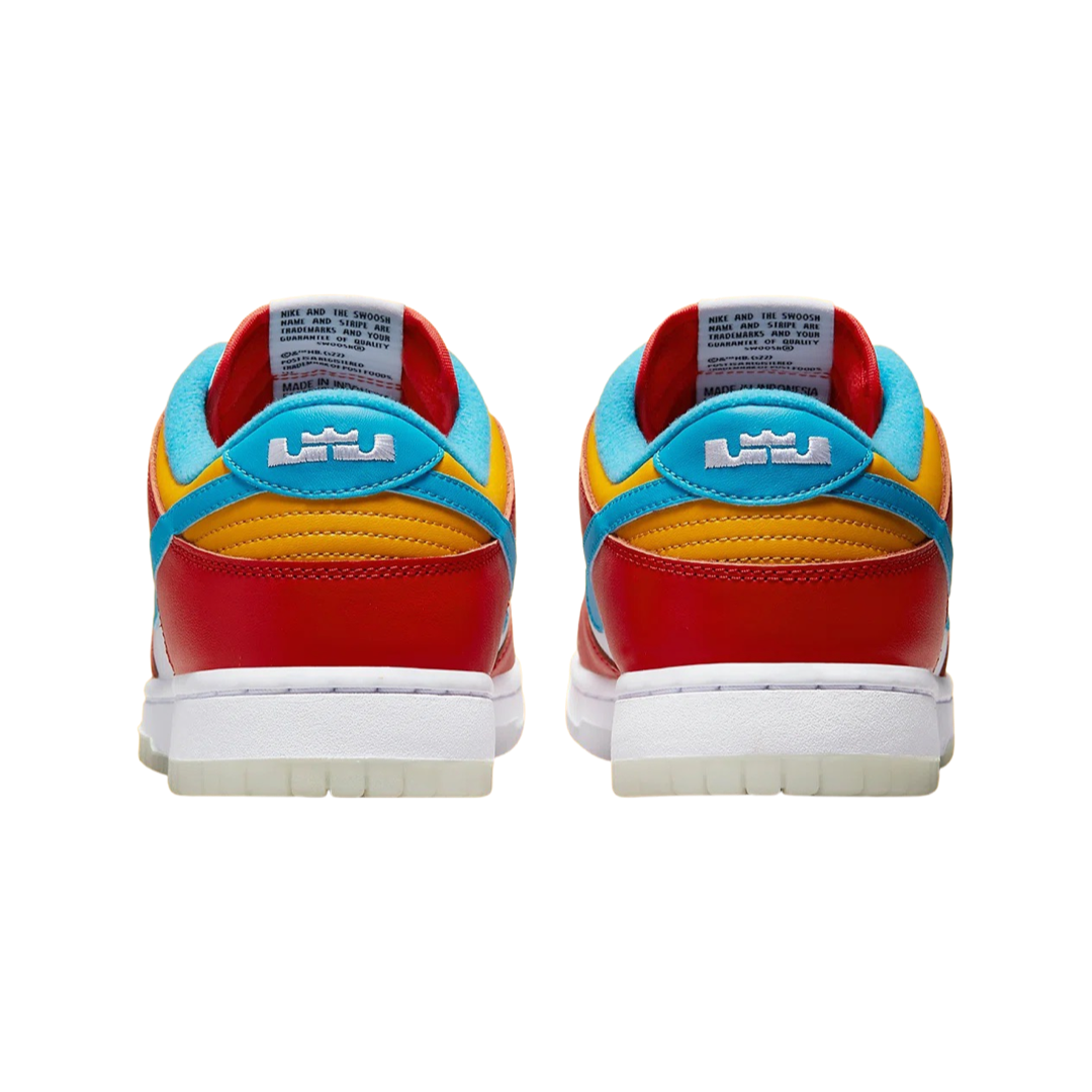 Nike Dunk Low x LeBron James Fruity Pebbles Sneakers - Habanero Red, Laser Blue & White Colorway - Basketball Shoes for Men, Streetwear Fashion & Casual Wear