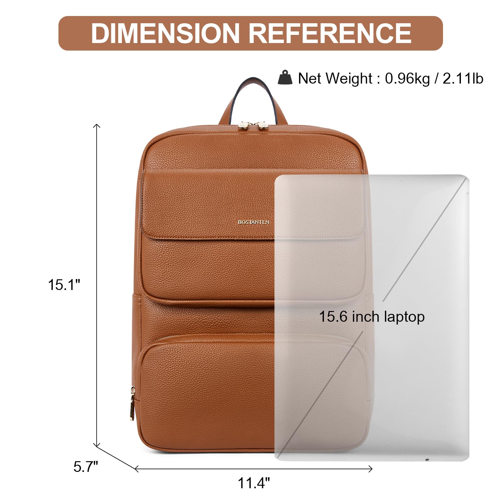 BOSTANTEN Genuine Leather Backpack for Women - 15.6 Inch Laptop Backpack, Business Travel Bag with Trolley Sleeve, Stylish Brown Shoulder Bag for Work, College & Daily Commute
