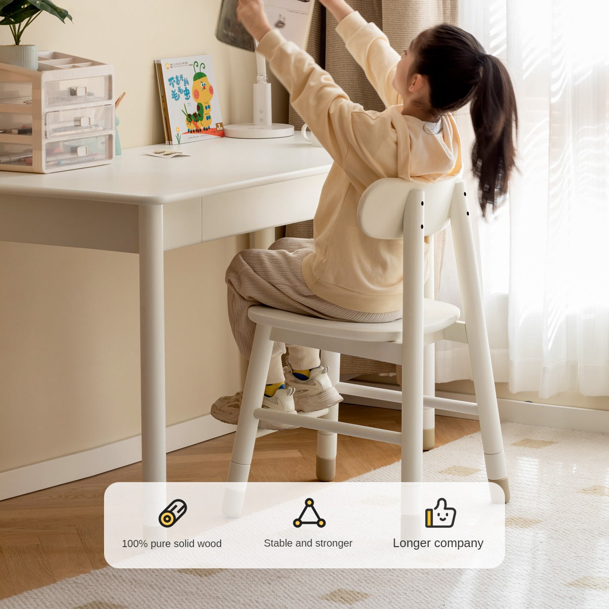 Solid Wood Lift Kid's Chair - Oak & Birch, White - Perfect for Kids' Study Desk, Playroom & Nursery