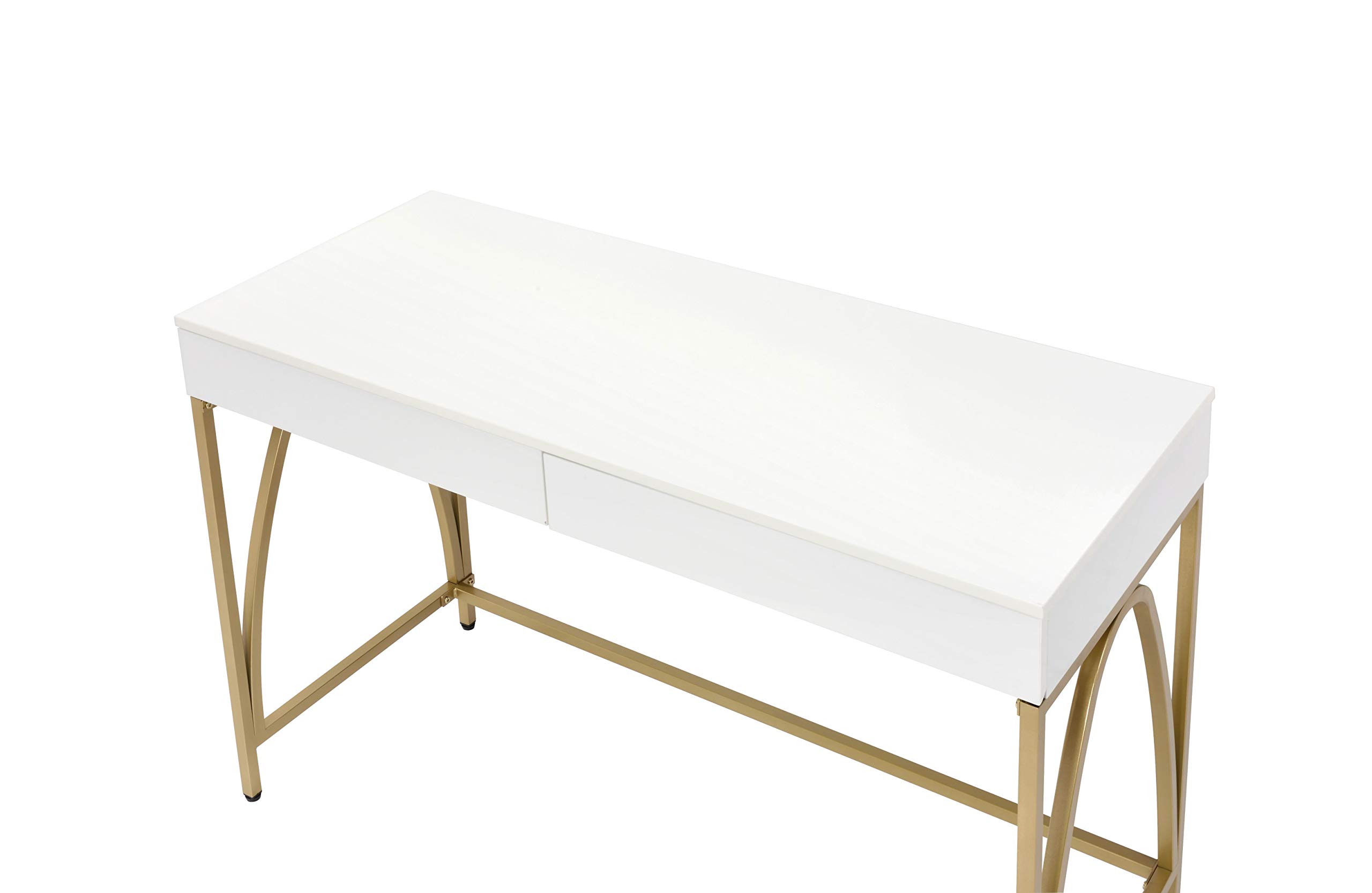 Benjara White and Gold Rectangular Wooden Desk with 2 Drawers & Metal Legs - Modern Home Office & Study Writing Table for Small Spaces