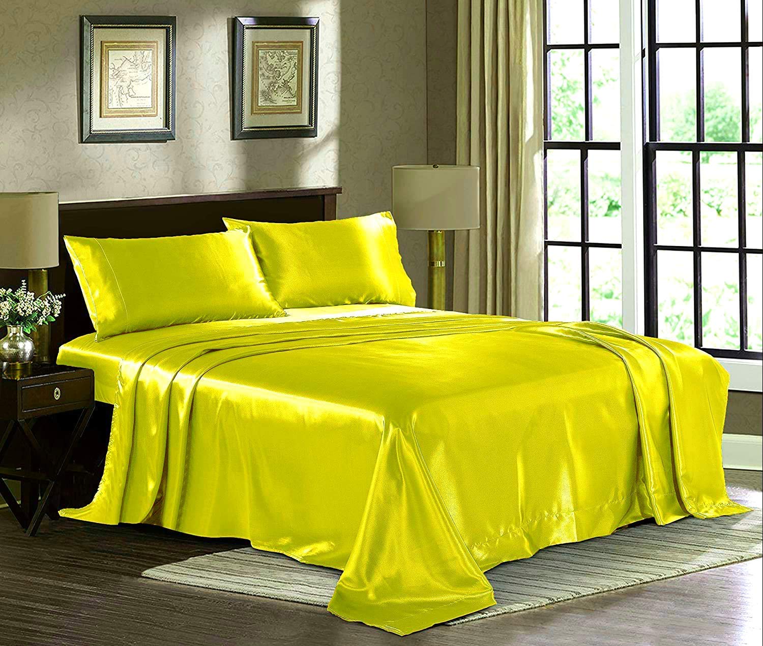 Luxury 10-Piece Satin Comforter Set - Soft Silk-Like Bedding (Comforter, Duvet Cover, Flat Sheet, Fitted Sheet, 6 Pillowcases) - Olympic Queen Size in Yellow - Perfect for Master Bedrooms, Guest Rooms & Luxury Hotels