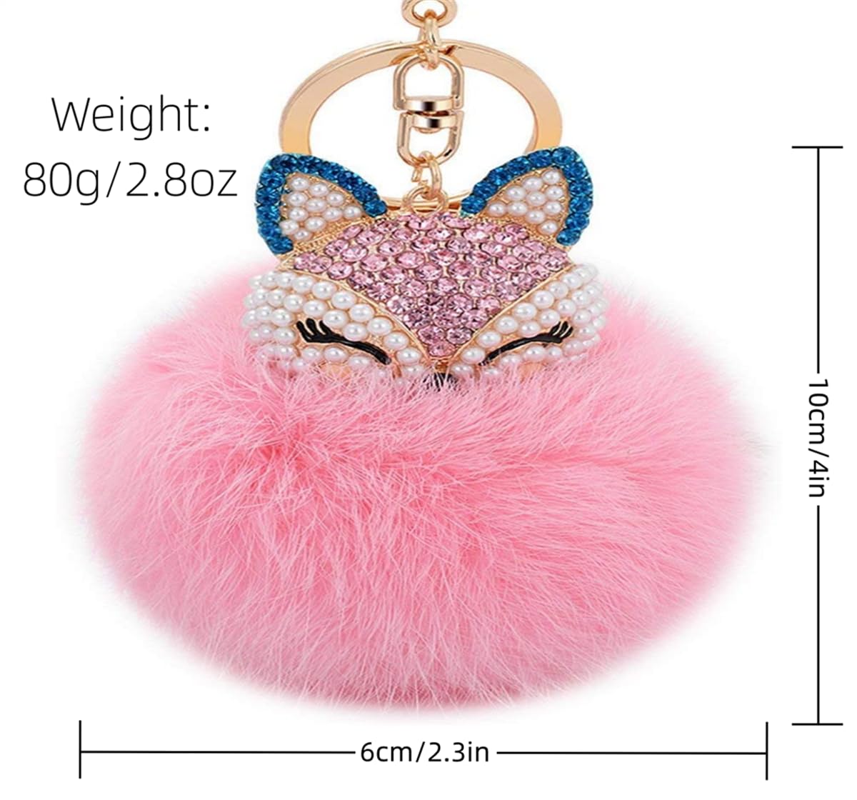 Fox & Rabbit Fur Pom Pom Keychain for Women - Crystal Rhinestone Diamond Car Keychain - Stylish Gift for Purse, Bag, Keys & Everyday Use