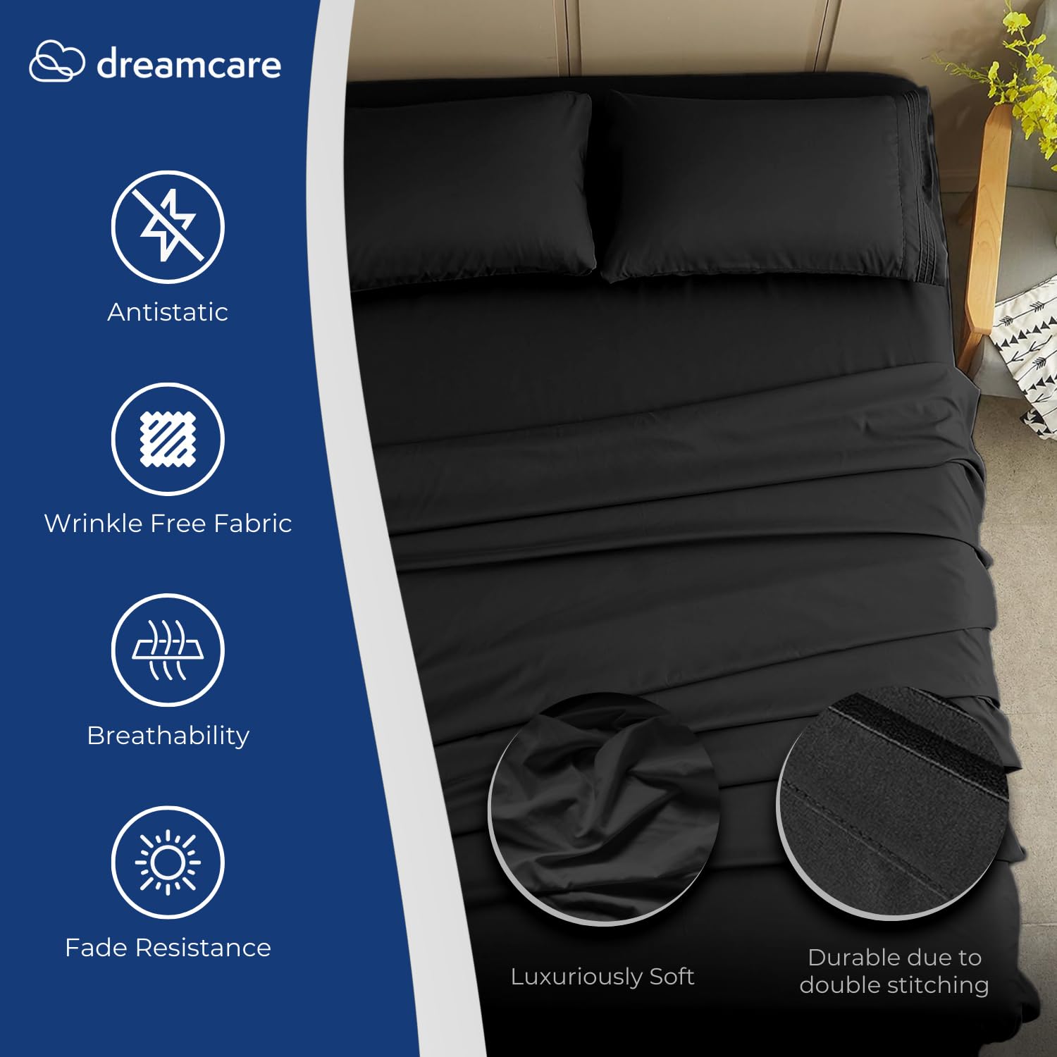 DREAMCARE Queen Size Cooling Bed Sheets Set - 4pc Deep Pocket Fitted Sheet, Flat Sheet & Pillowcases - 15